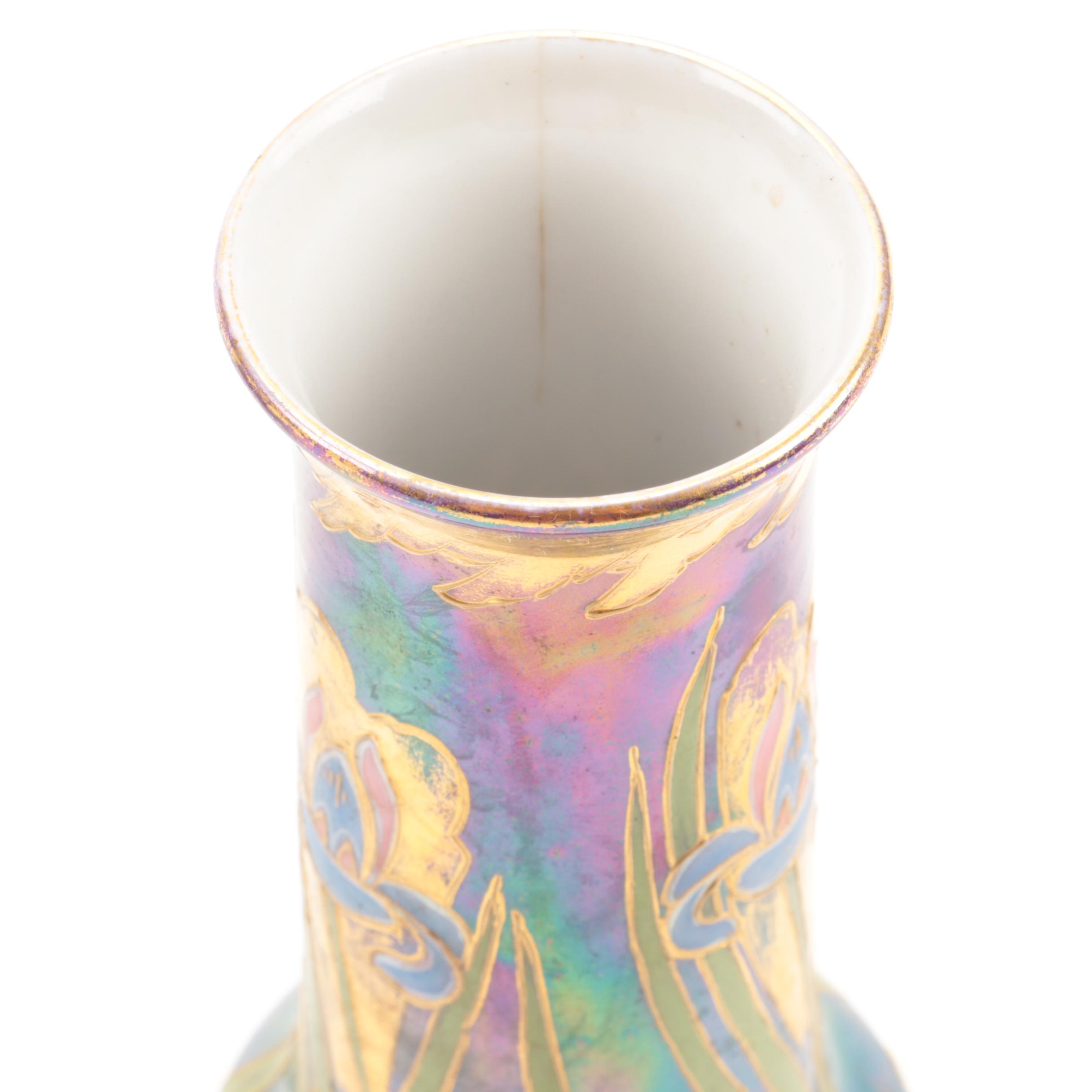 Gebruder Heubach Iridescent Porcelain and  Kralik Style Trailing Glass Vases