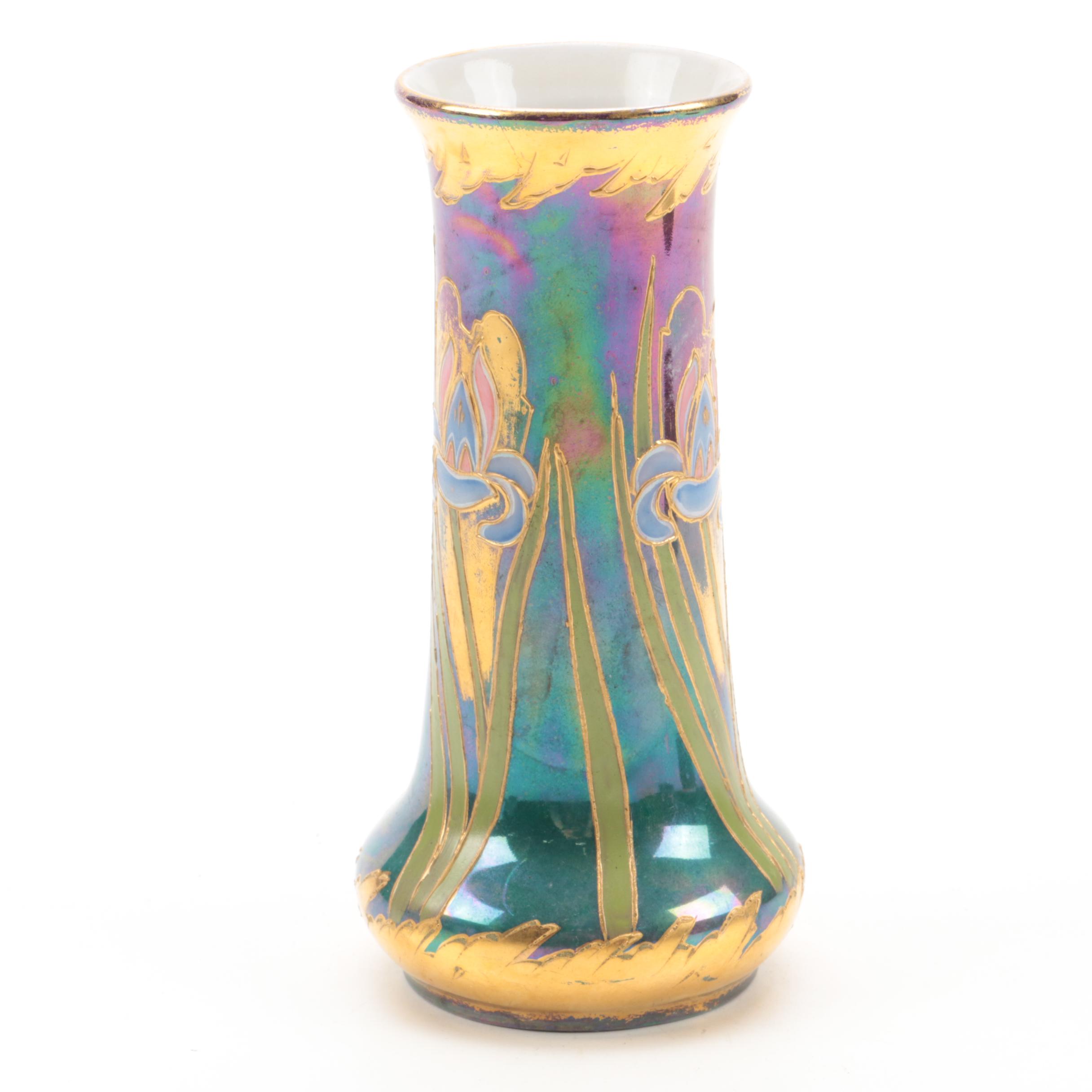 Gebruder Heubach Iridescent Porcelain and  Kralik Style Trailing Glass Vases