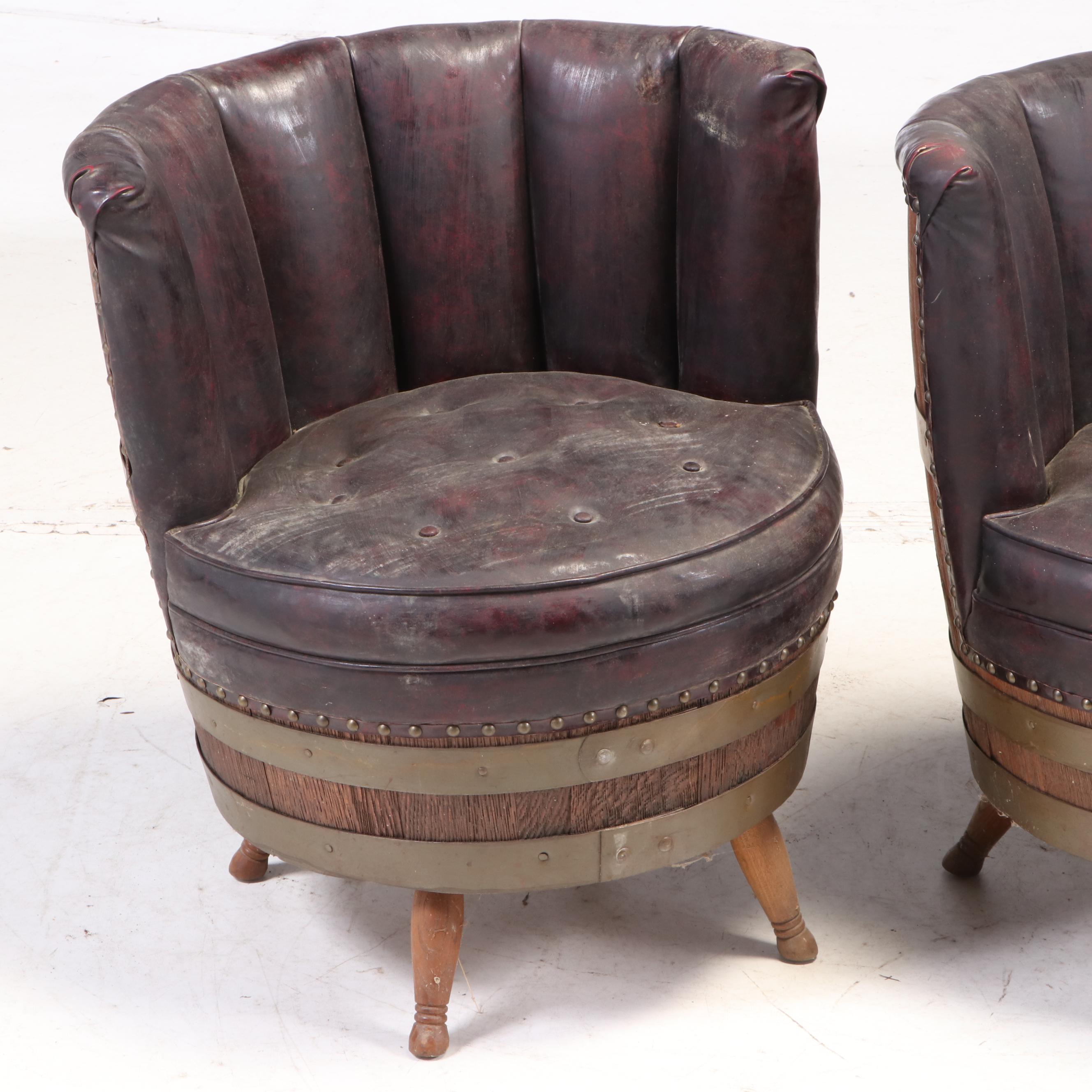Whiskey Barrel Vinyl Upholstered Tub Chairs, Mid to Late 20th Century