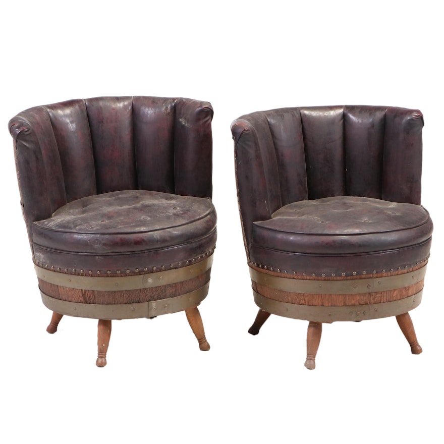 Whiskey Barrel Vinyl Upholstered Tub Chairs, Mid to Late 20th Century
