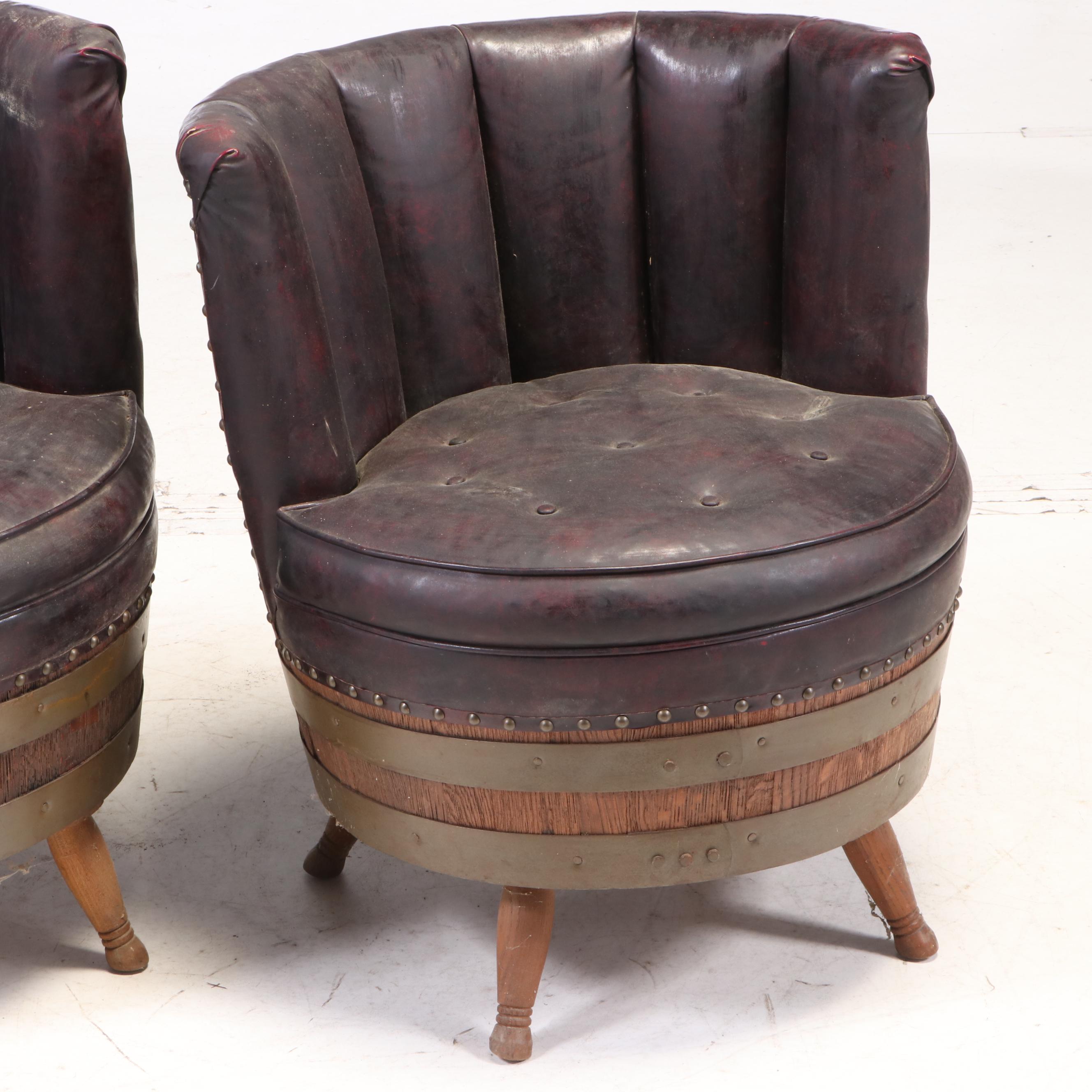 Whiskey Barrel Vinyl Upholstered Tub Chairs, Mid to Late 20th Century