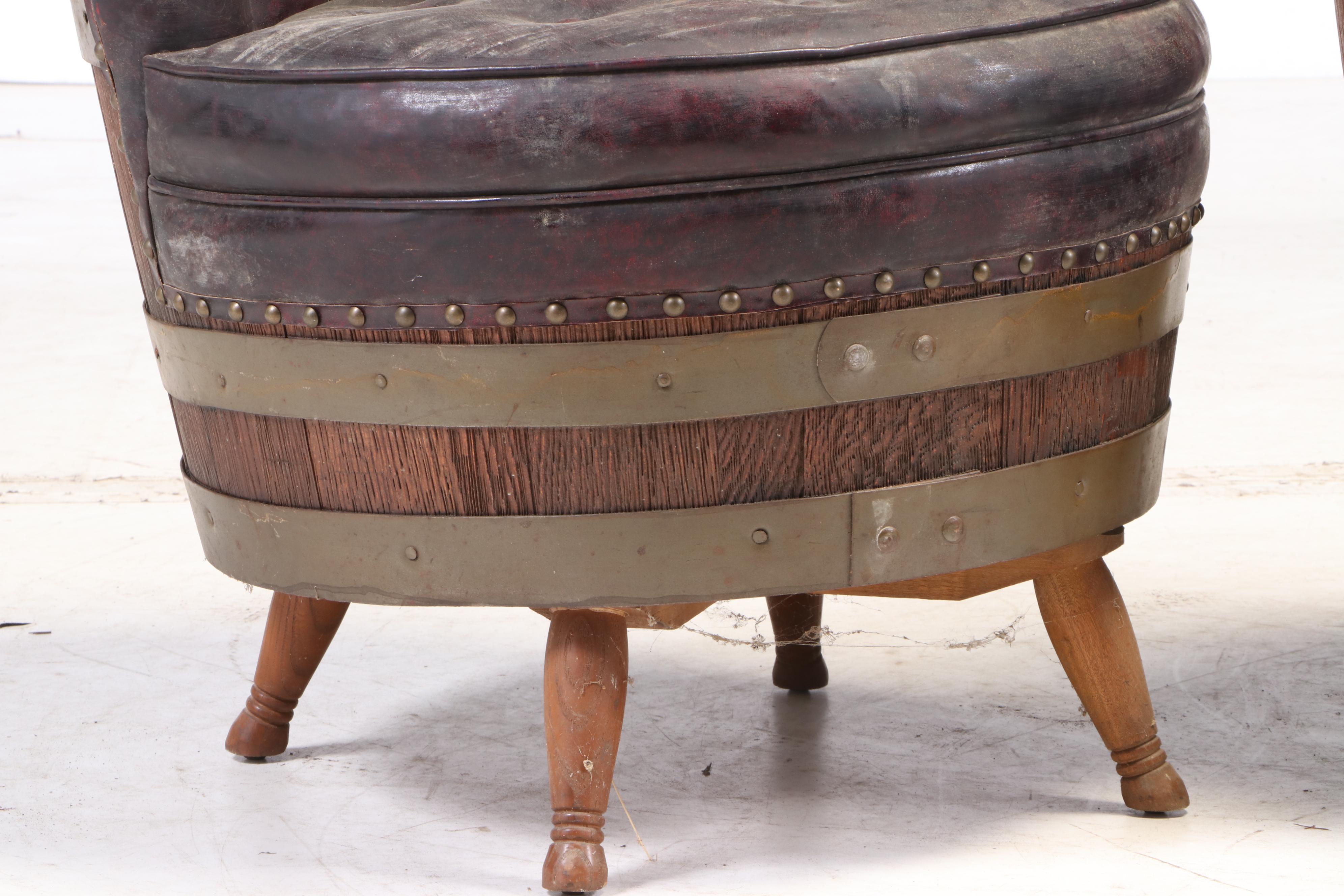 Whiskey Barrel Vinyl Upholstered Tub Chairs, Mid to Late 20th Century