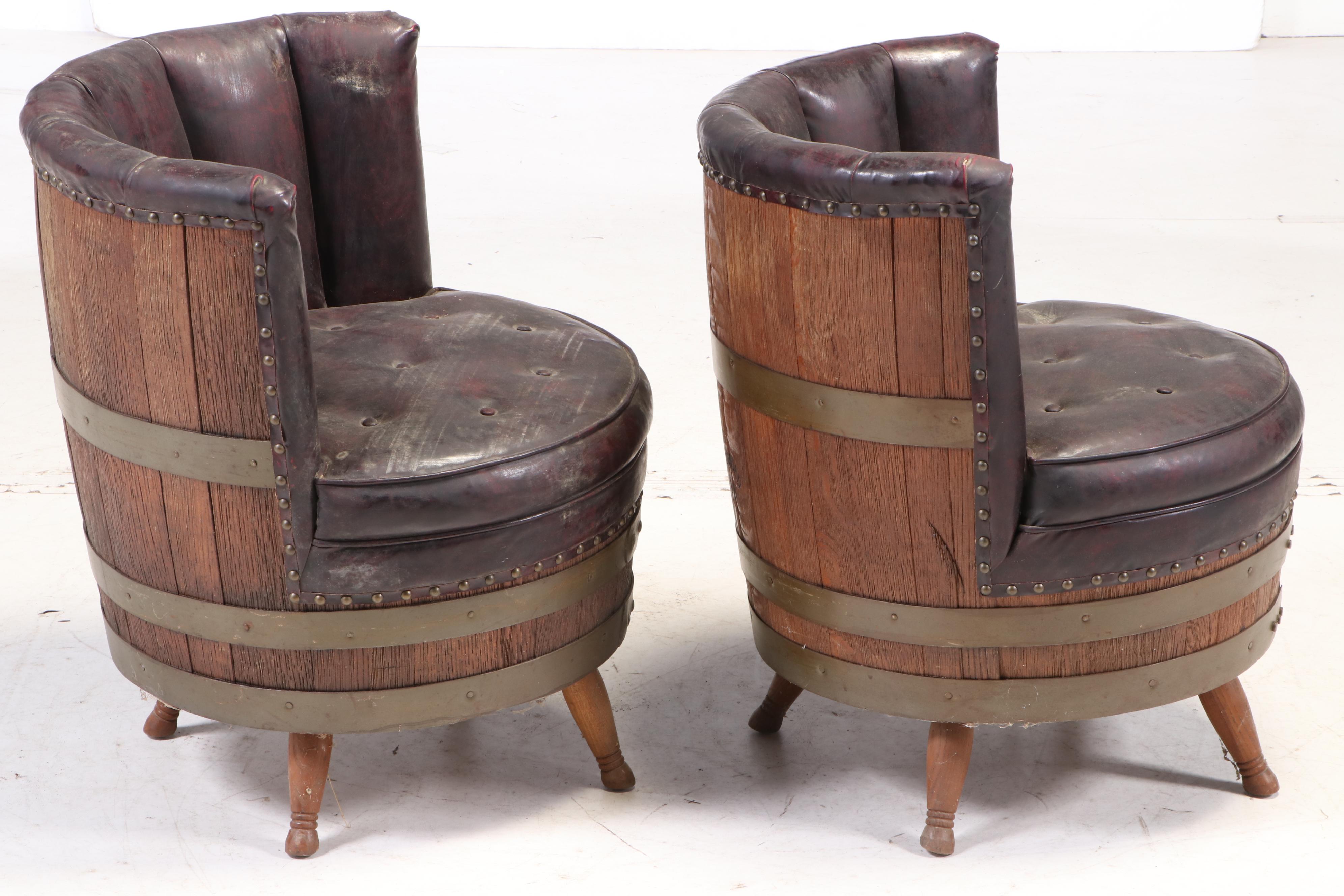 Whiskey Barrel Vinyl Upholstered Tub Chairs, Mid to Late 20th Century