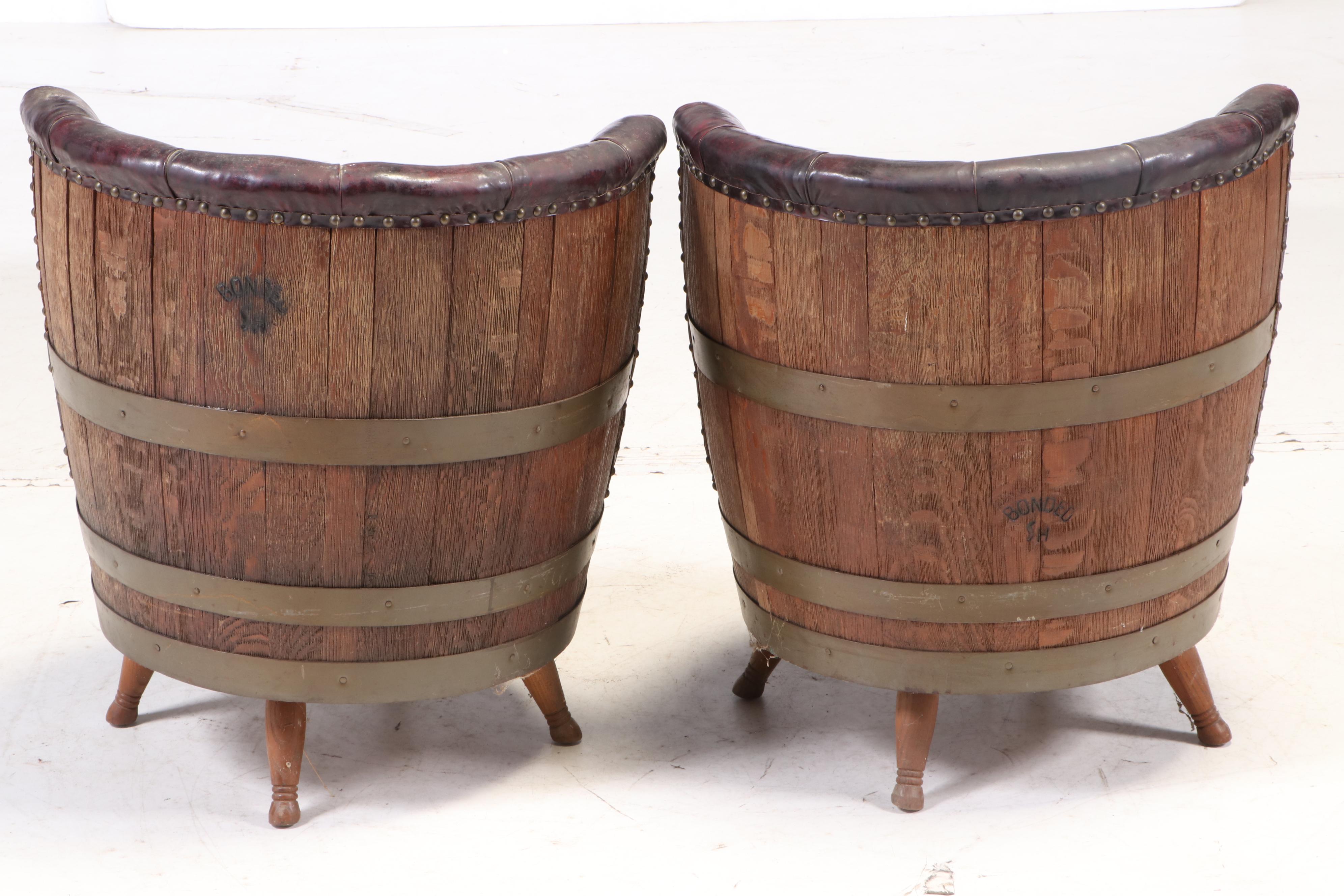 Whiskey Barrel Vinyl Upholstered Tub Chairs, Mid to Late 20th Century
