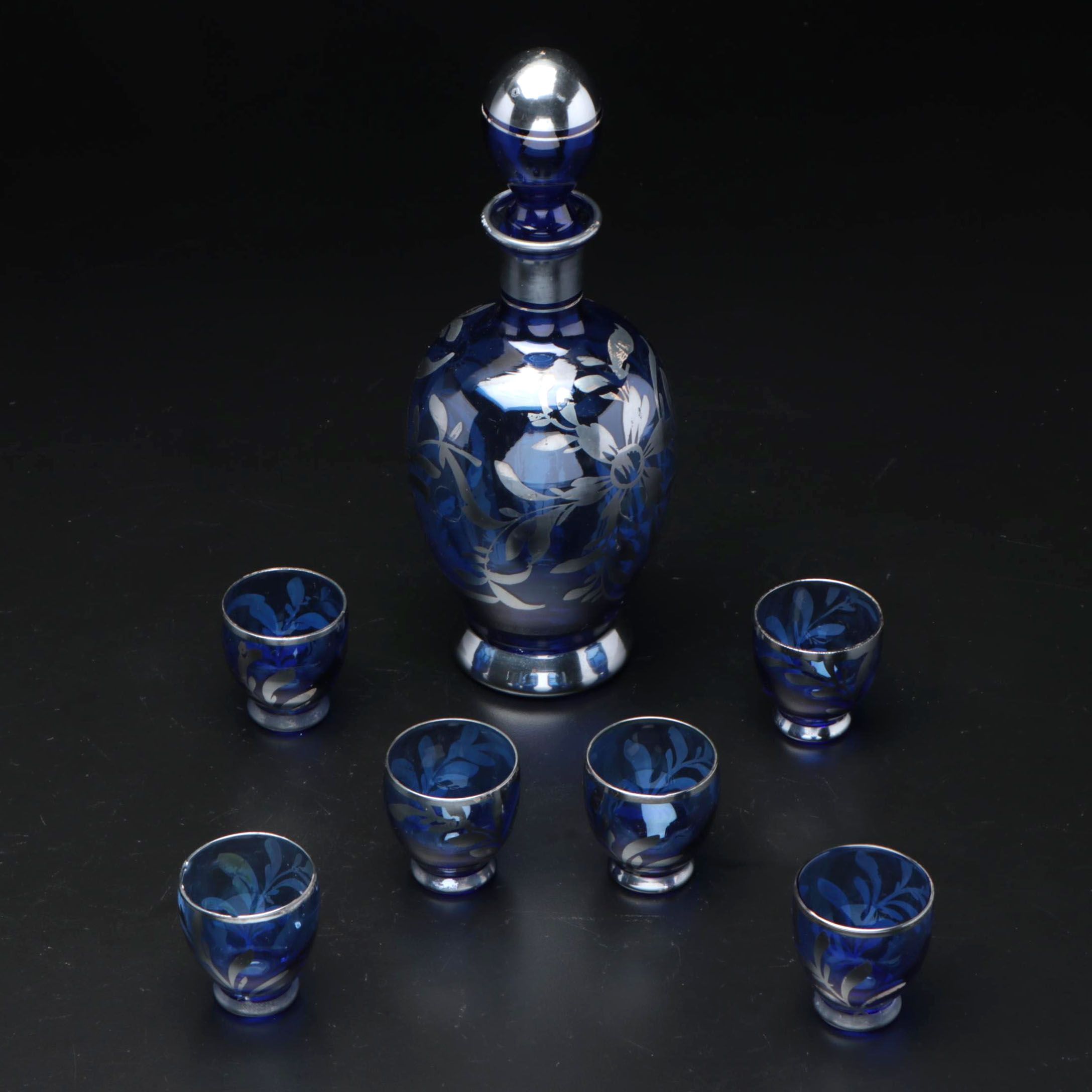 Silver-Overlaid Blue Glass Cordial Set with Decanter
