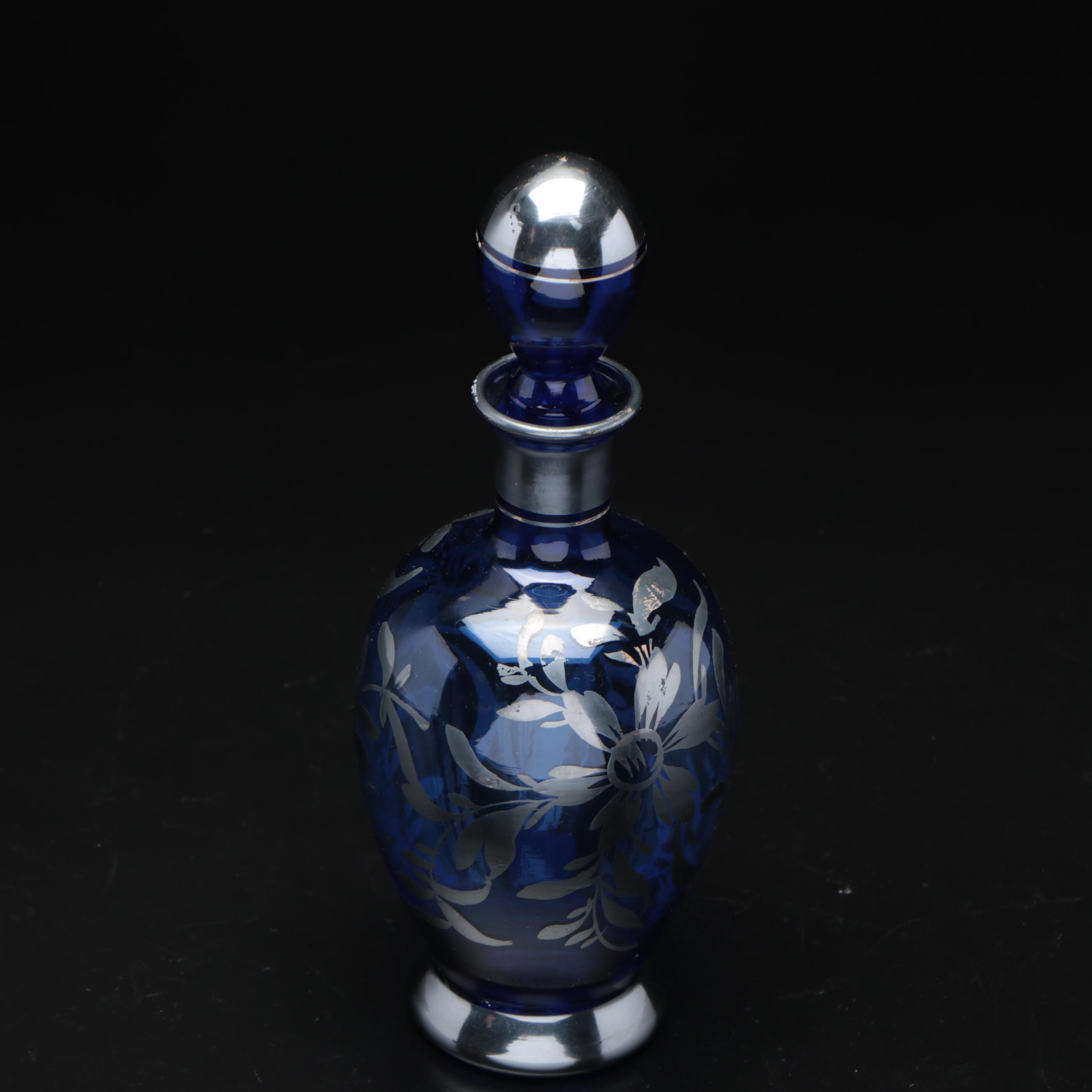 Silver-Overlaid Blue Glass Cordial Set with Decanter