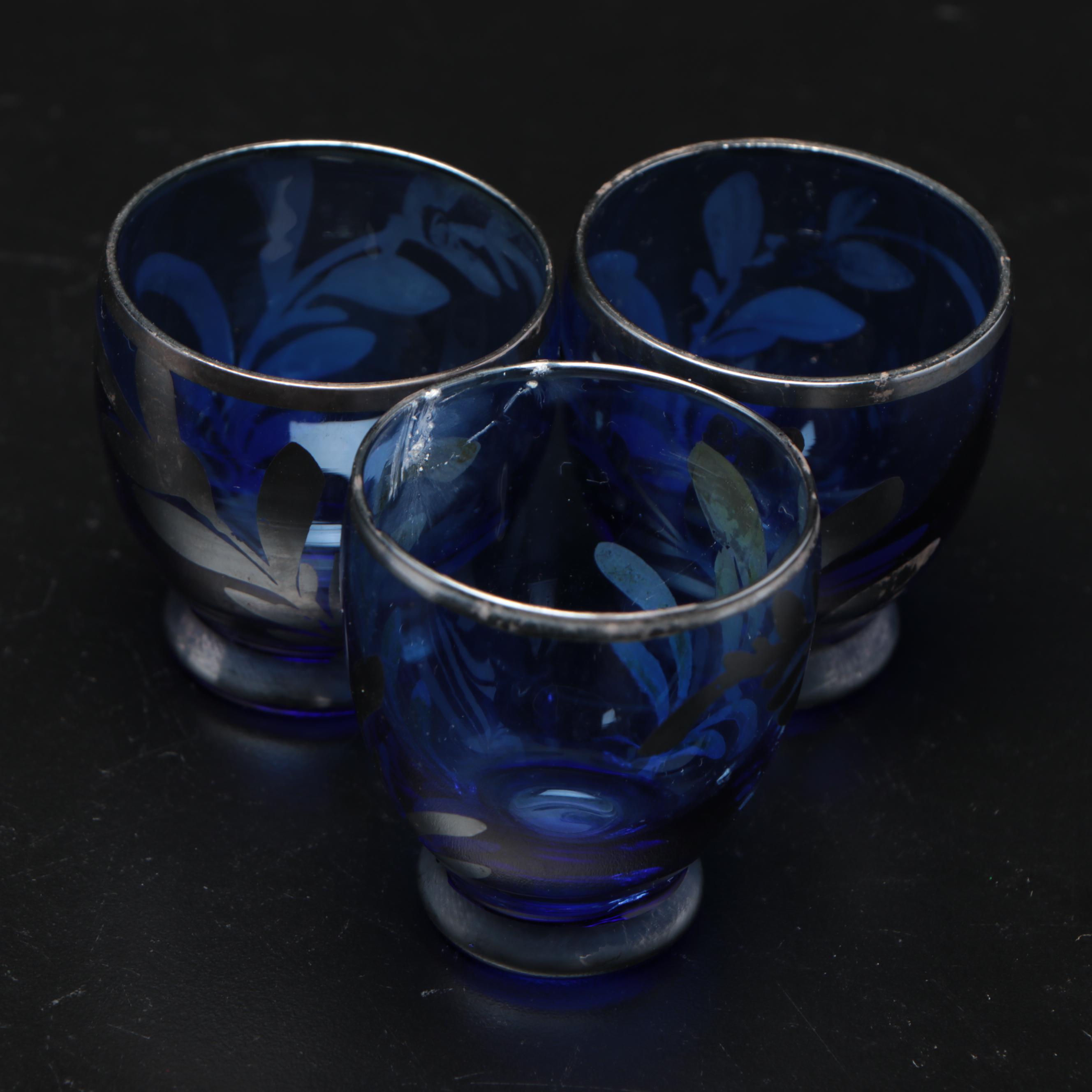 Silver-Overlaid Blue Glass Cordial Set with Decanter