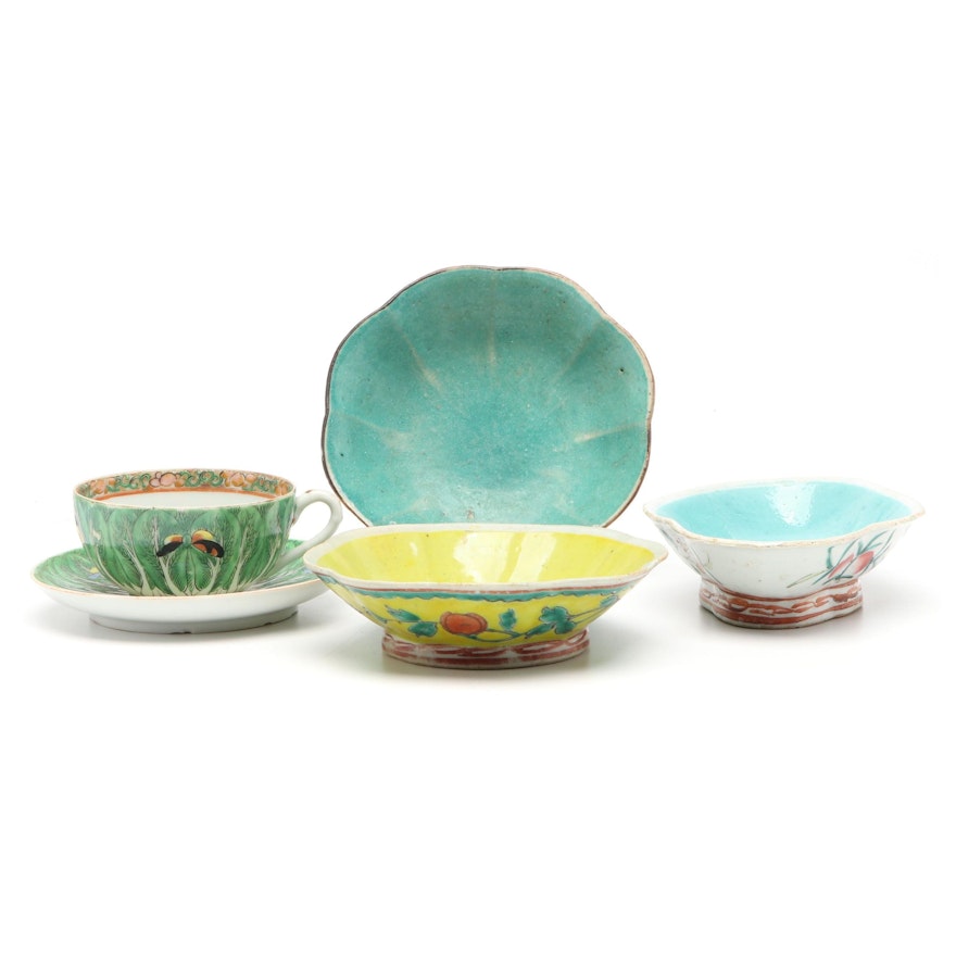 Chinese Enameled Porcelain Bowls with Cabbage Leaf Teacup and Saucer