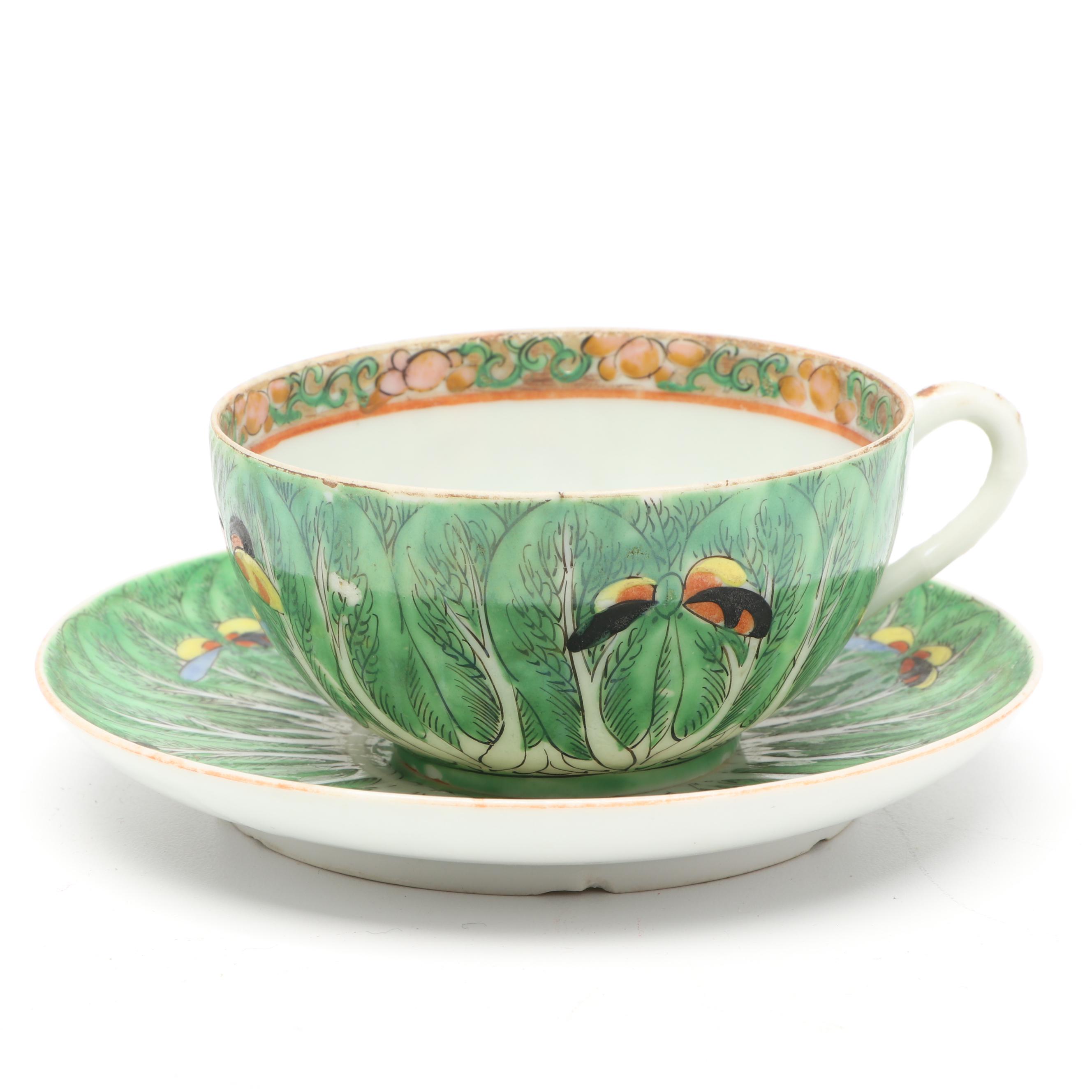 Chinese Enameled Porcelain Bowls with Cabbage Leaf Teacup and Saucer