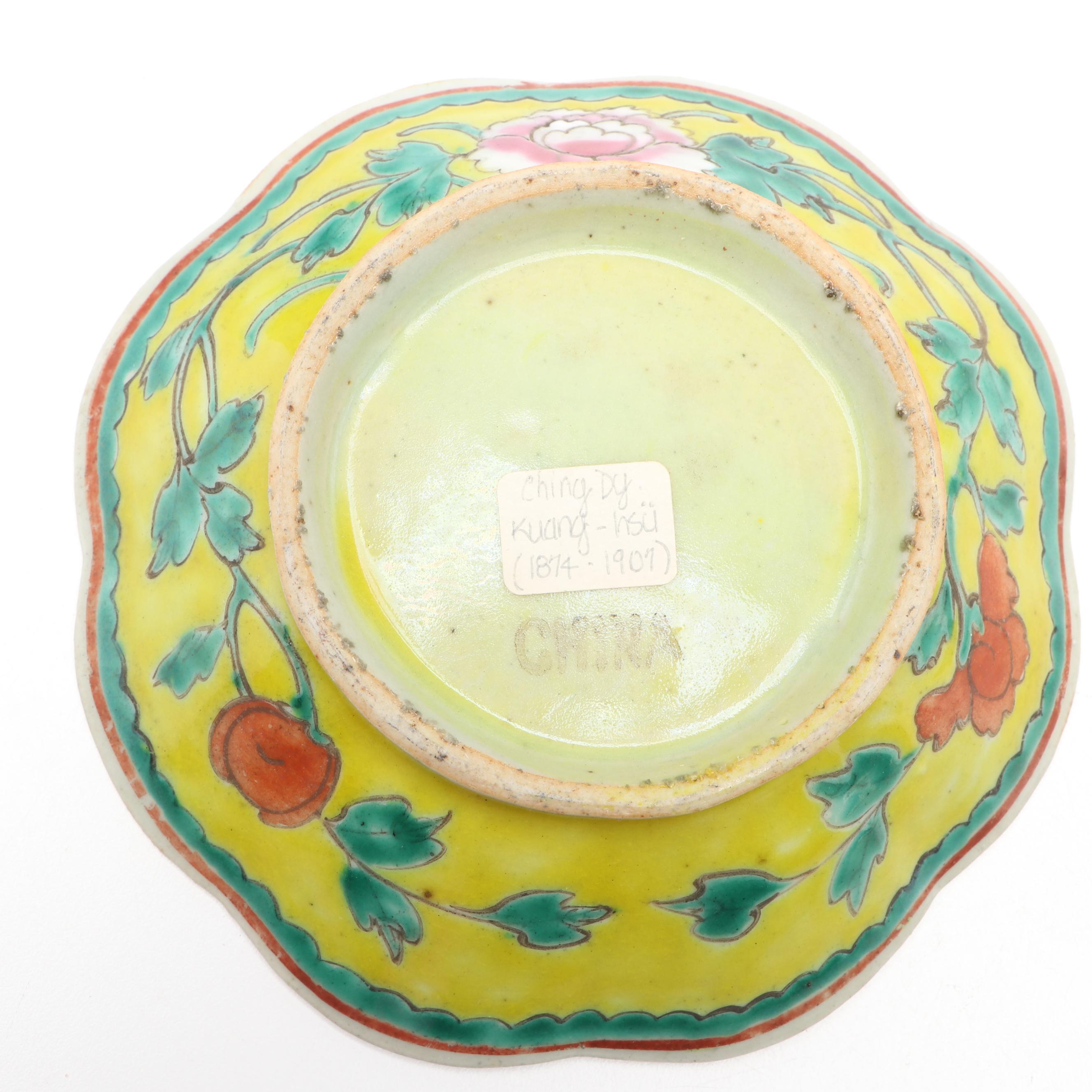 Chinese Enameled Porcelain Bowls with Cabbage Leaf Teacup and Saucer