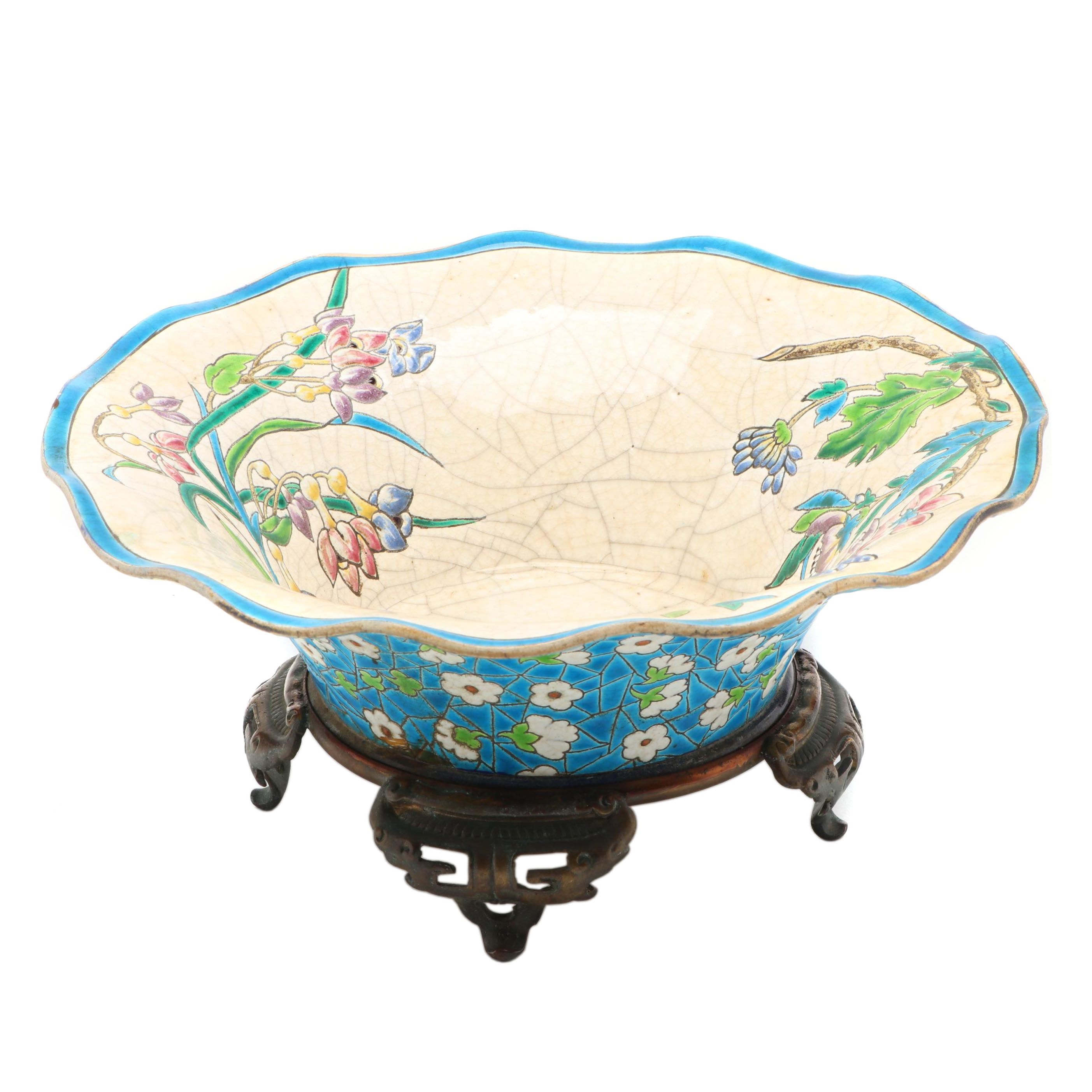 Longwy French Faïence Enameled Ceramic Bowl Mounted on Brass Base, Late 19th C.