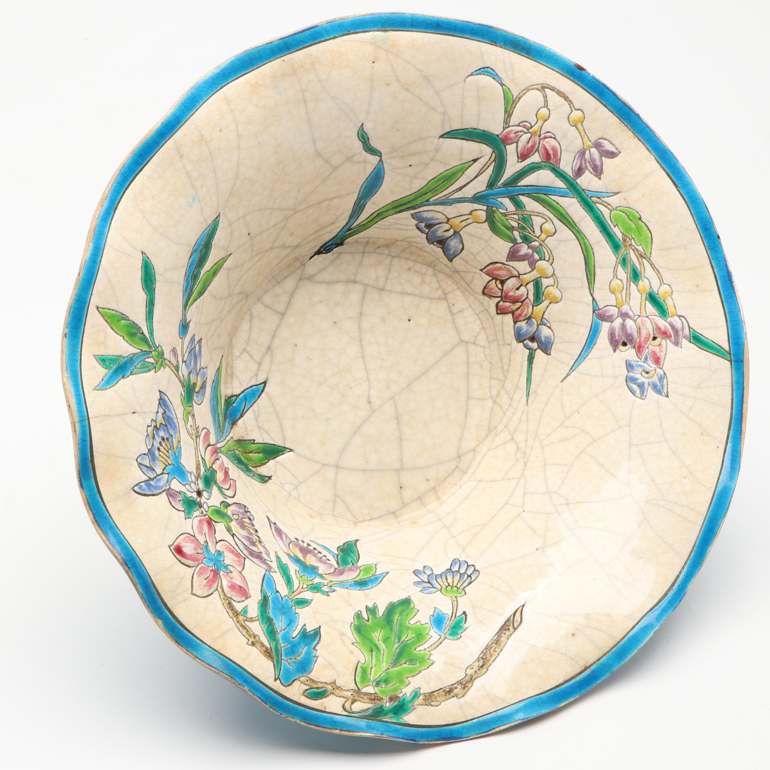Longwy French Faïence Enameled Ceramic Bowl Mounted on Brass Base, Late 19th C.