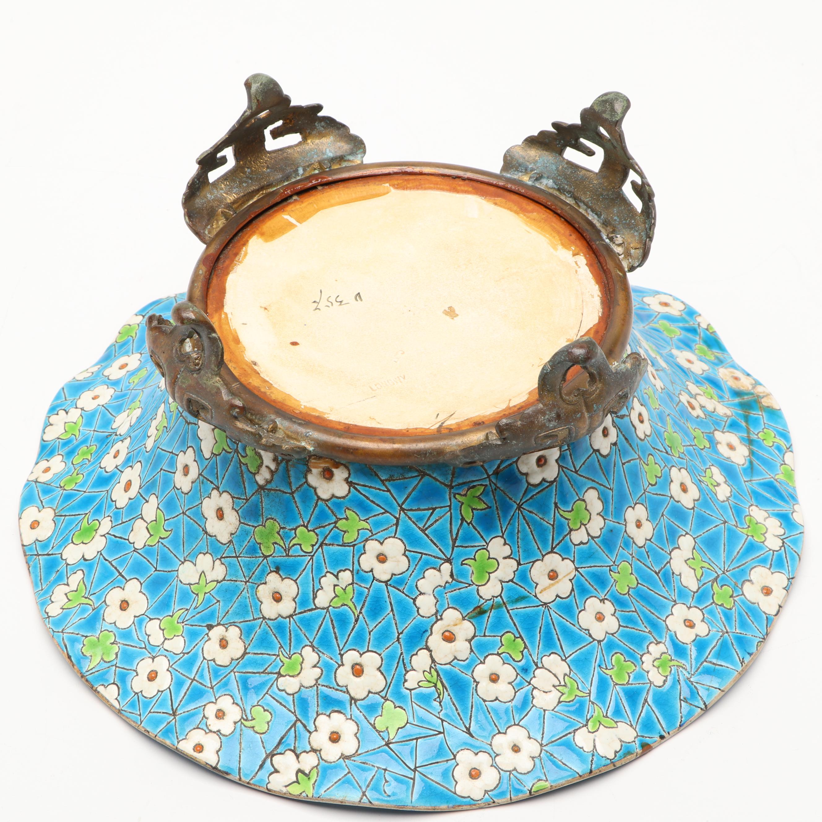 Longwy French Faïence Enameled Ceramic Bowl Mounted on Brass Base, Late 19th C.