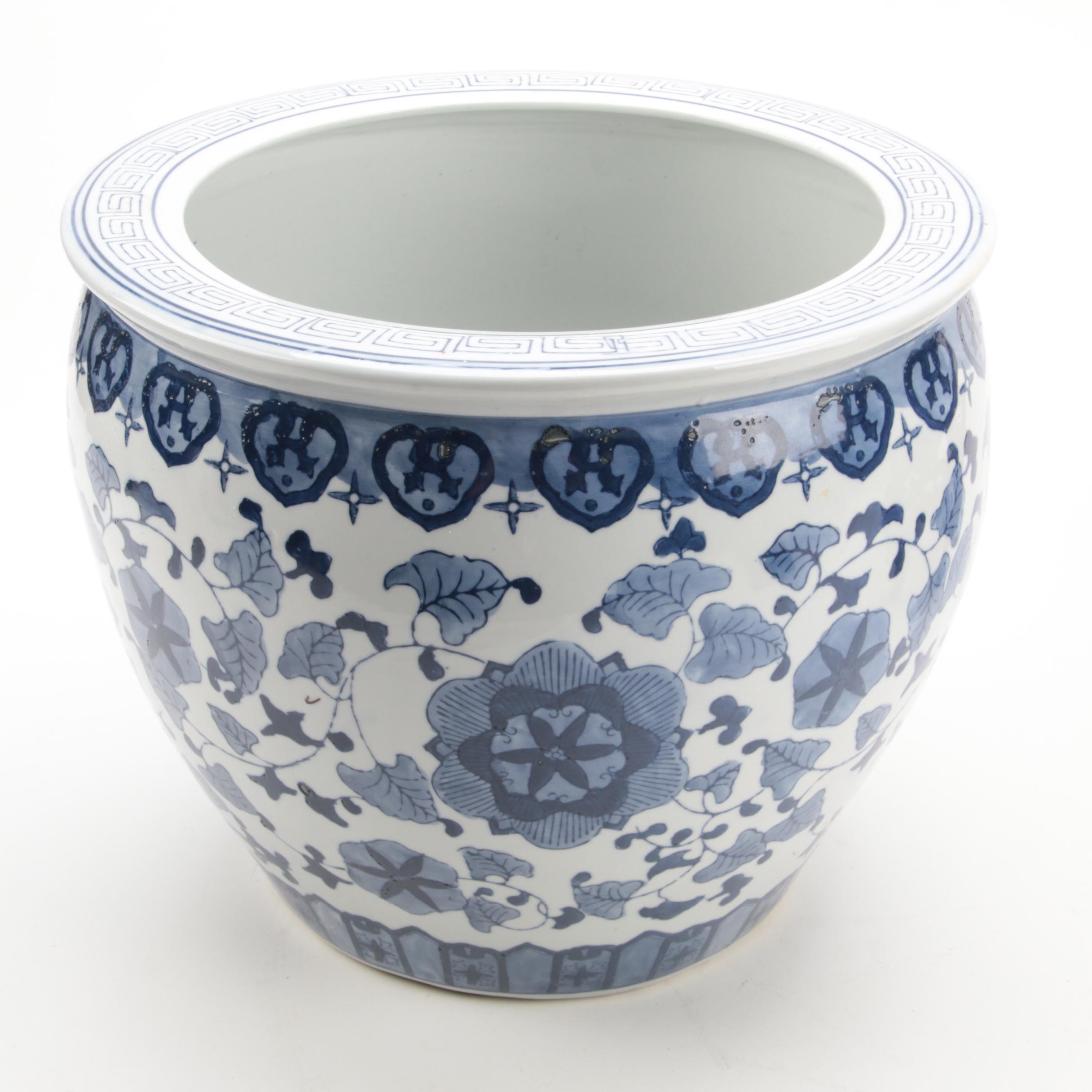 Chinese Blue and White Porcelain Planter and Wood Stand