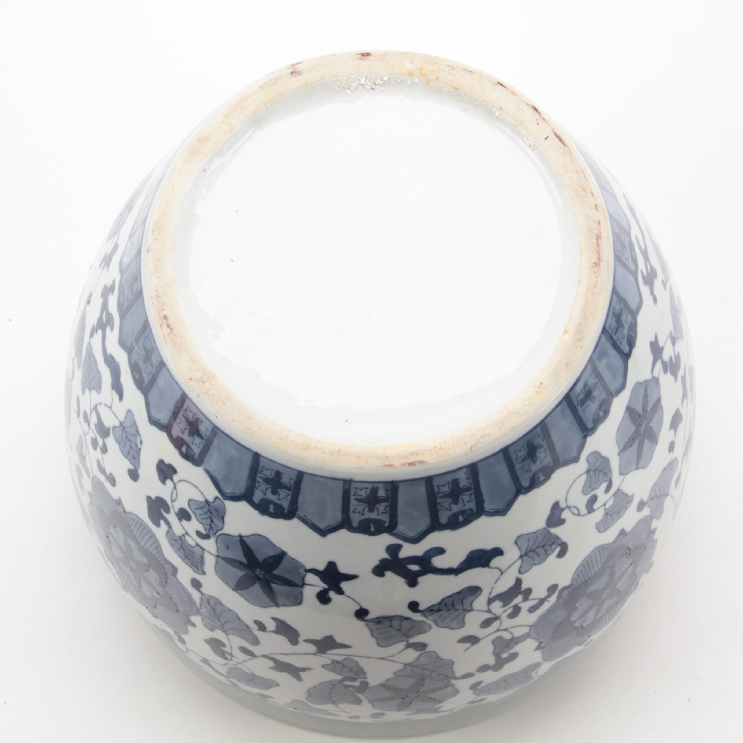 Chinese Blue and White Porcelain Planter and Wood Stand