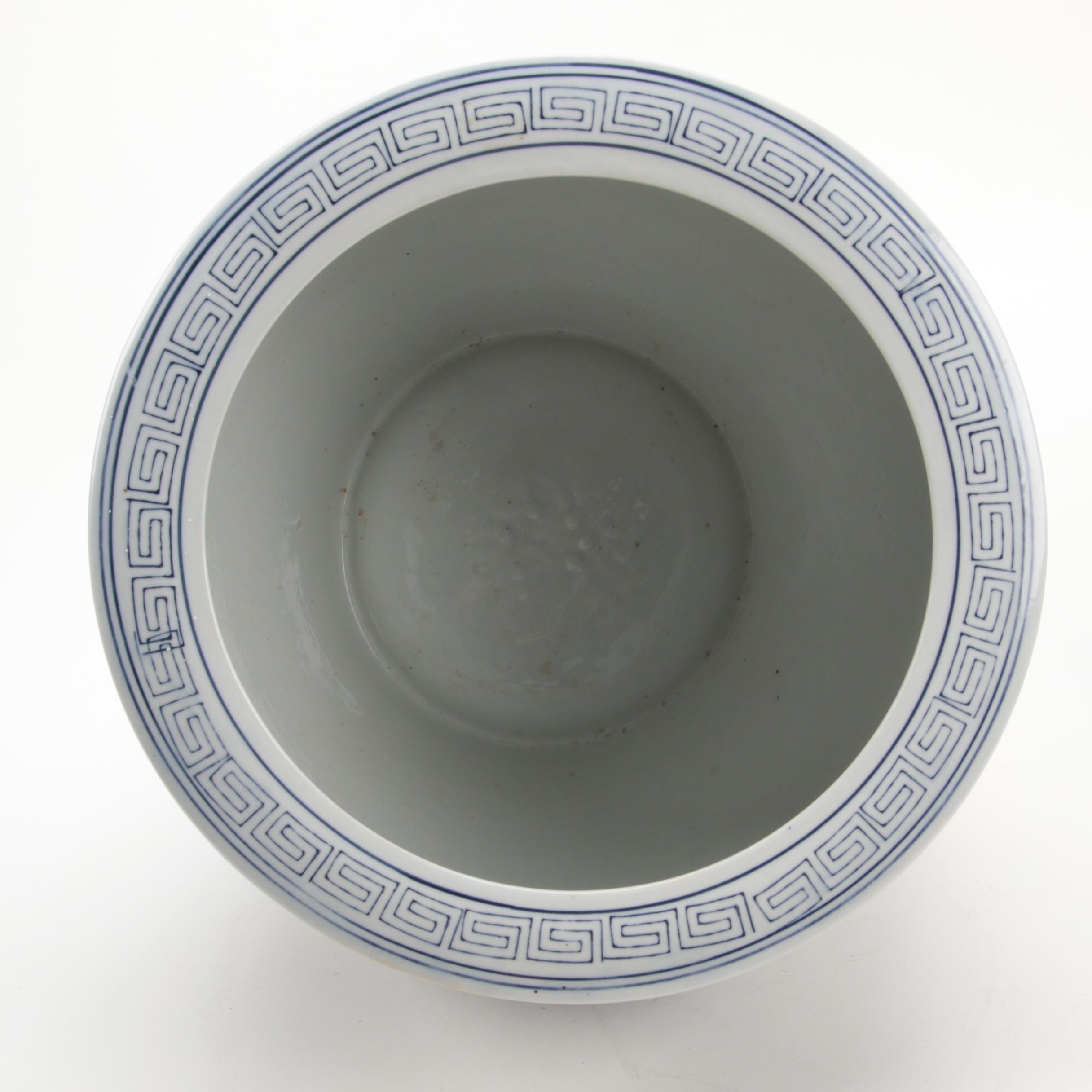 Chinese Blue and White Porcelain Planter and Wood Stand