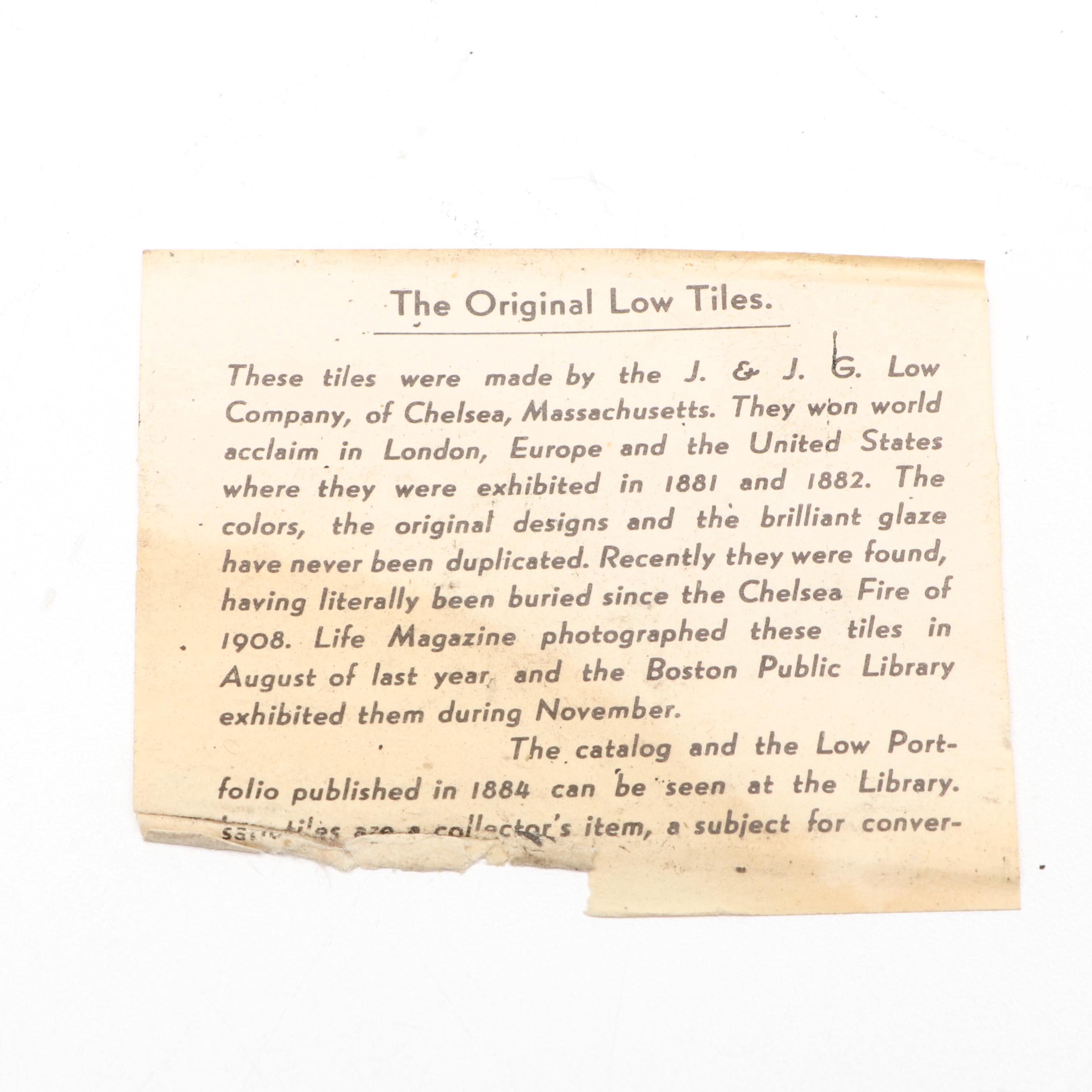 J. & J. G. Low Art Tile Works Earthenware Tile with Box