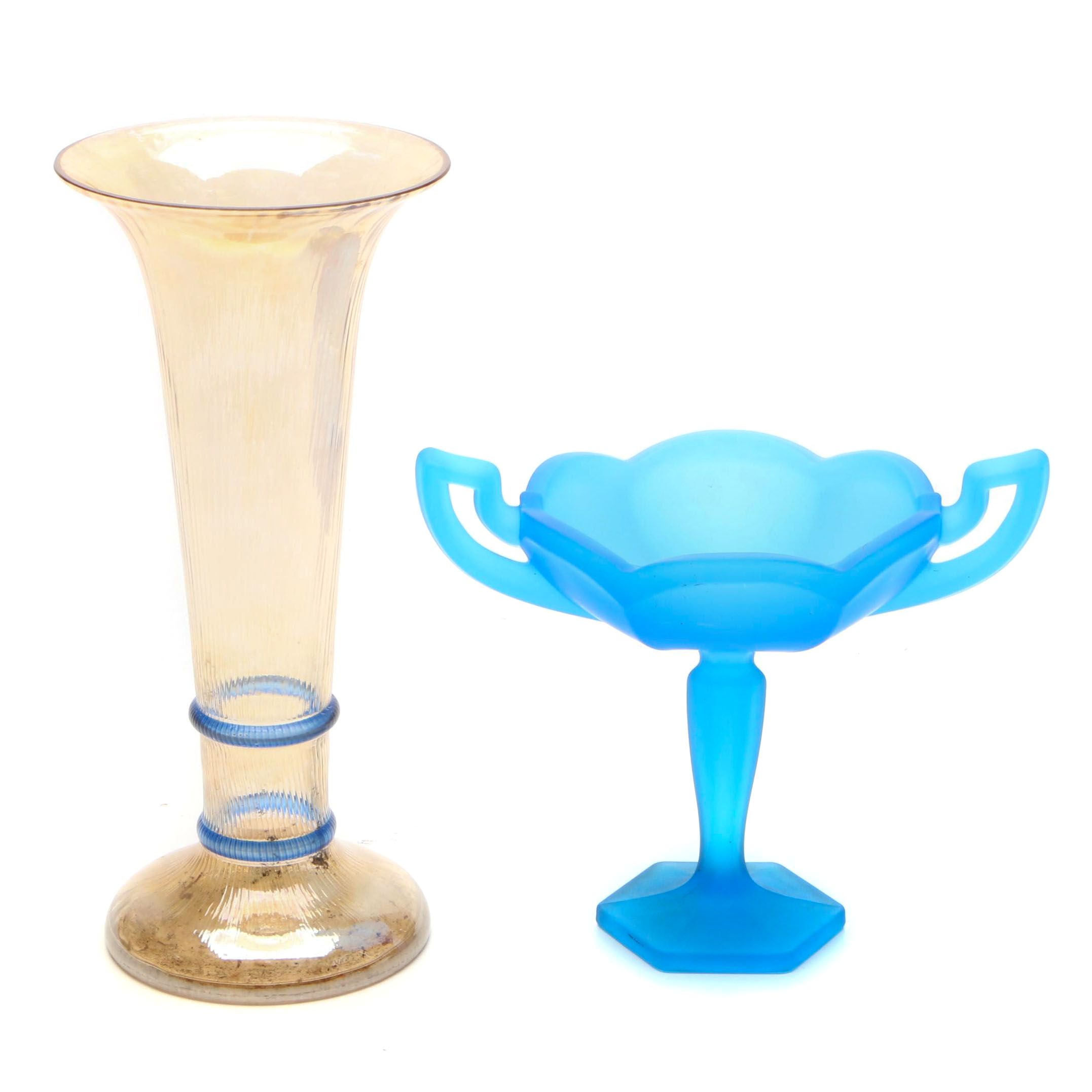 Westmoreland "Colonial" Pressed Blue Glass Candy Dish and Blown Glass Vase