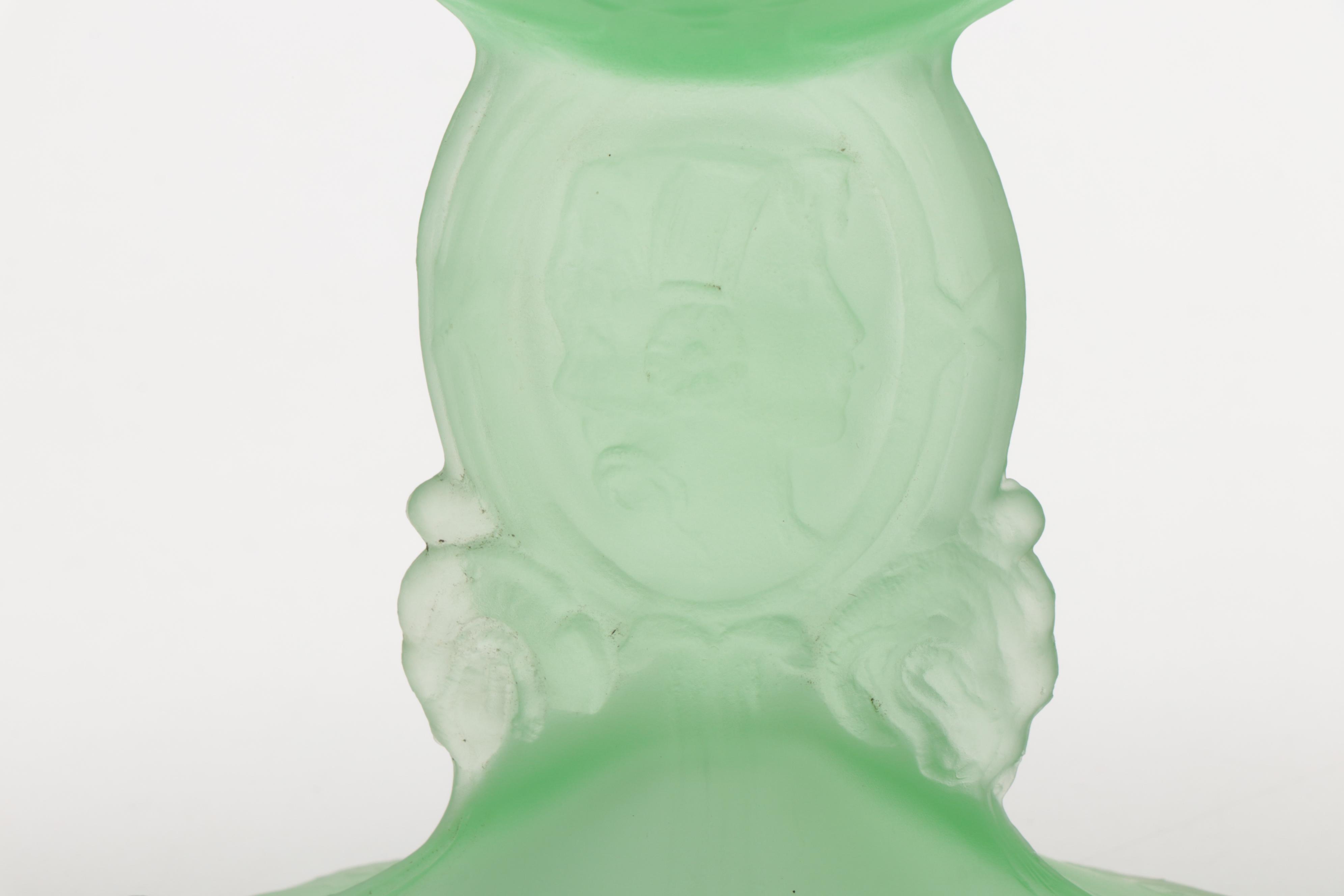 Satin Vaseline Glass Covered Compote with Victorian Green Glass Vases