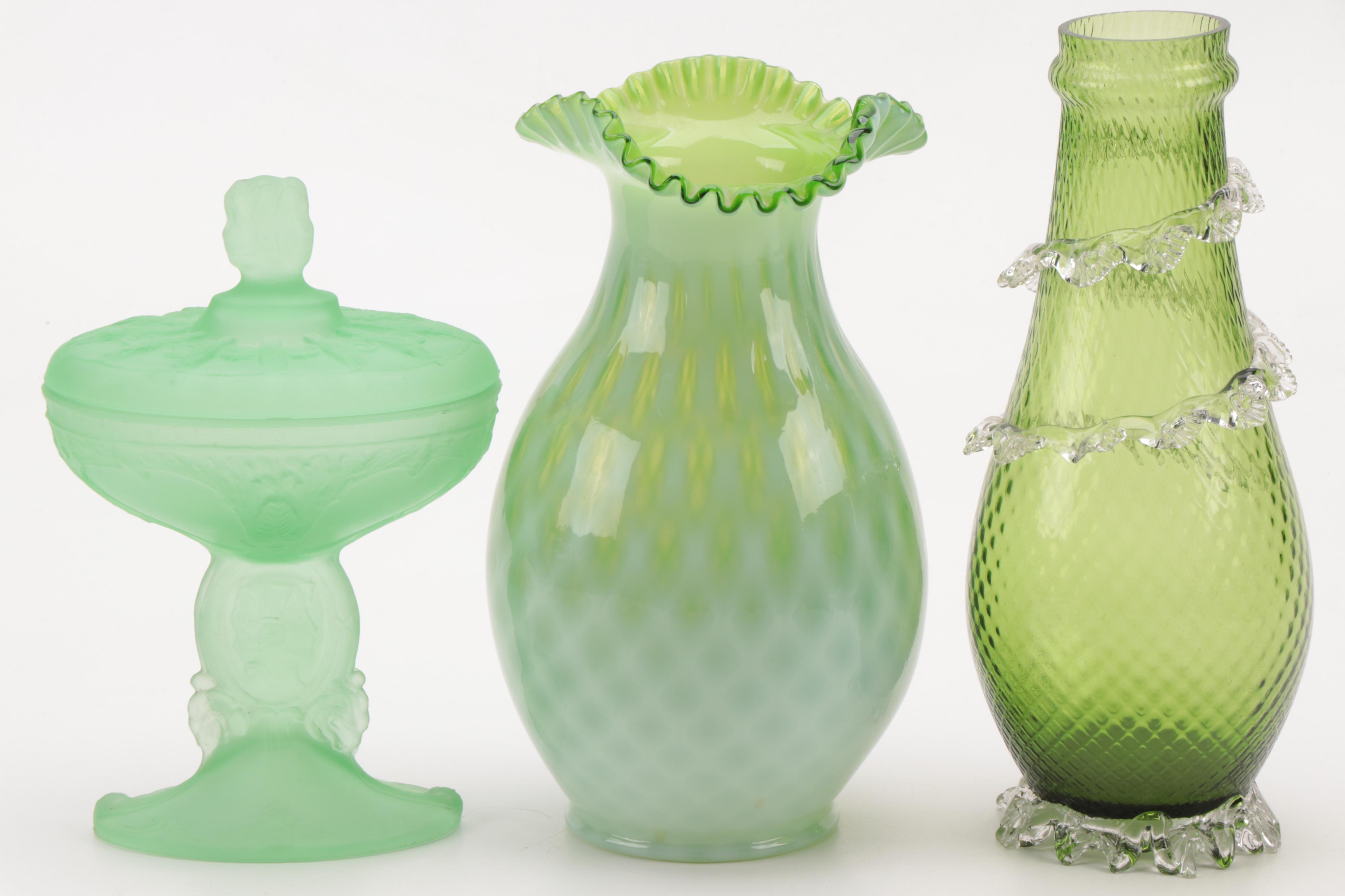 Satin Vaseline Glass Covered Compote with Victorian Green Glass Vases