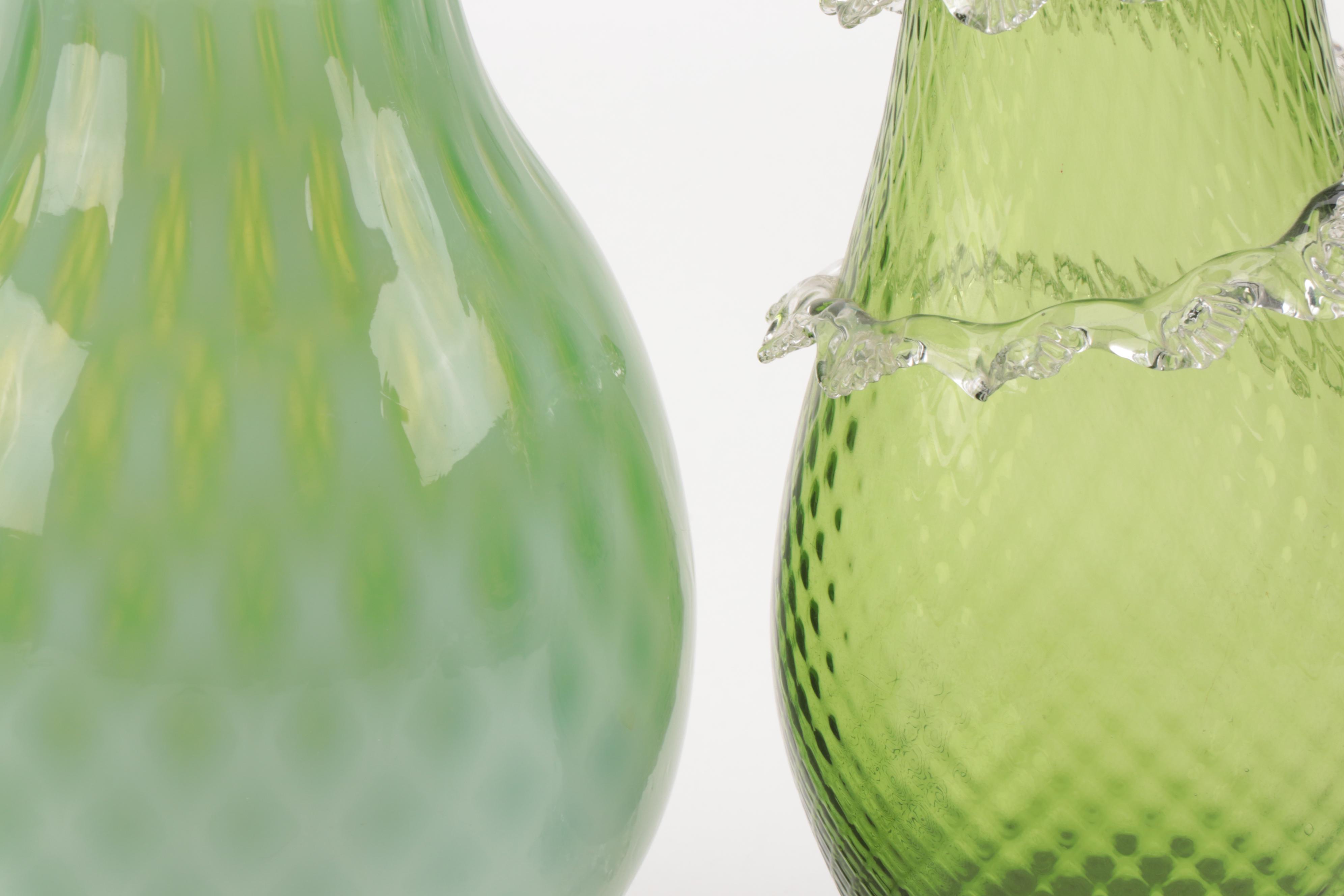 Satin Vaseline Glass Covered Compote with Victorian Green Glass Vases