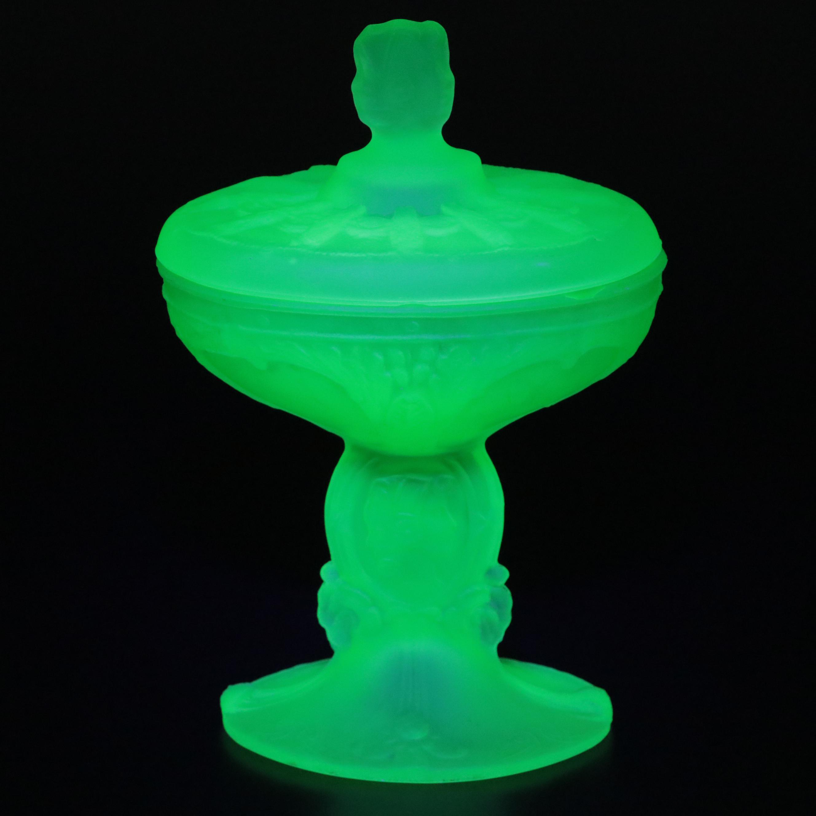 Satin Vaseline Glass Covered Compote with Victorian Green Glass Vases