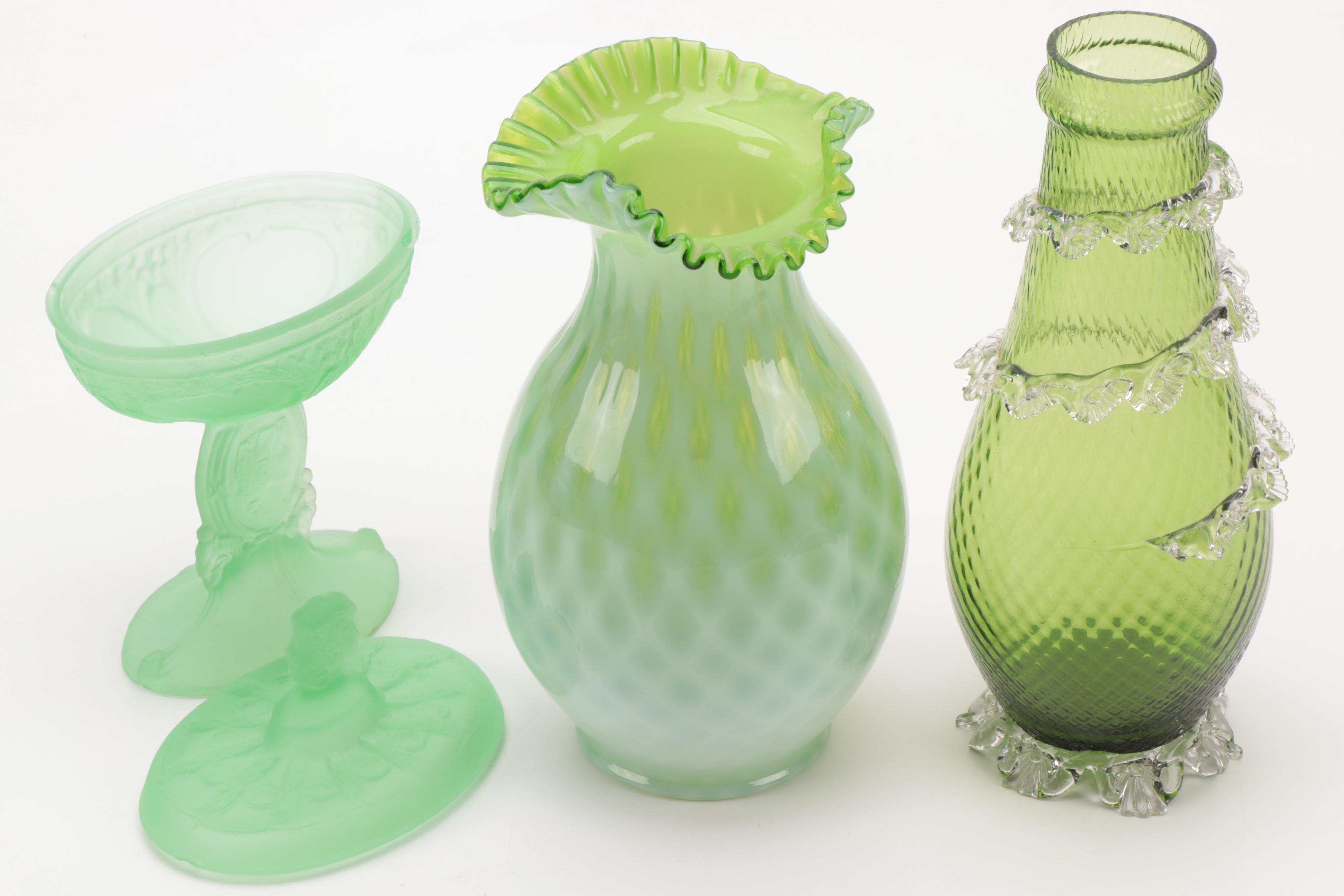 Satin Vaseline Glass Covered Compote with Victorian Green Glass Vases