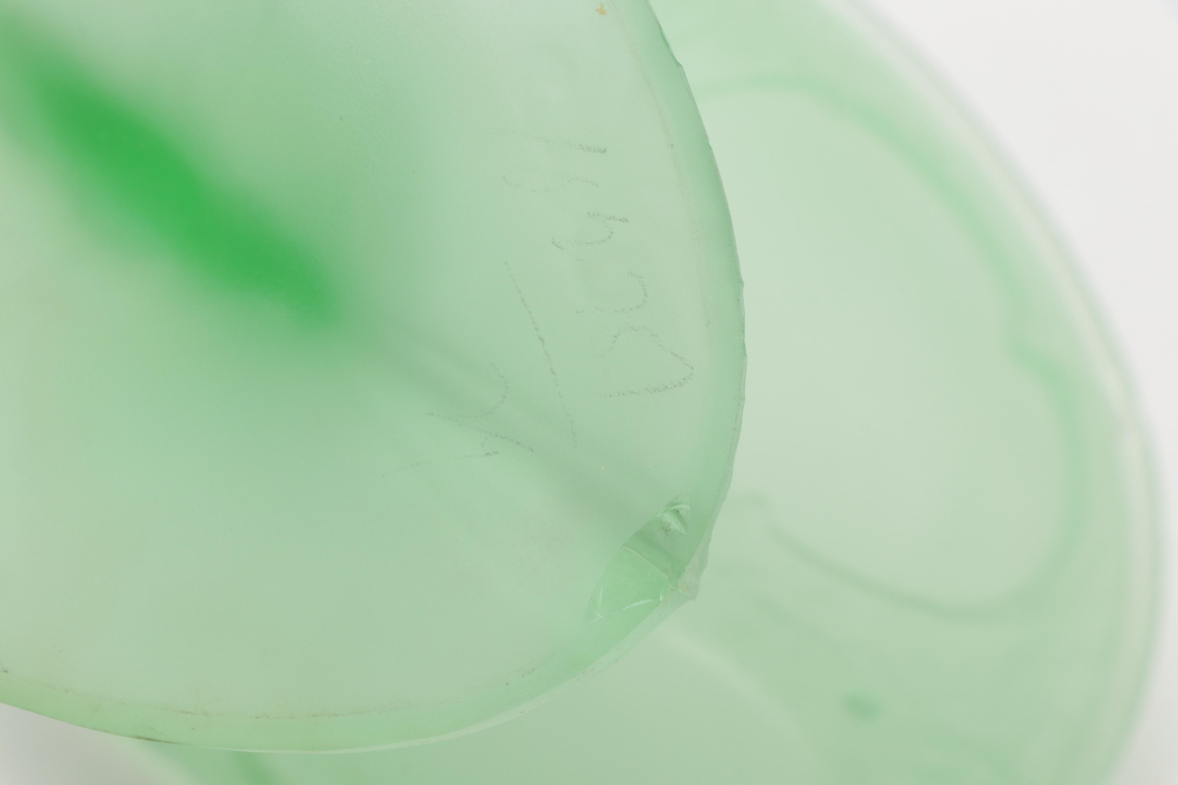Satin Vaseline Glass Covered Compote with Victorian Green Glass Vases