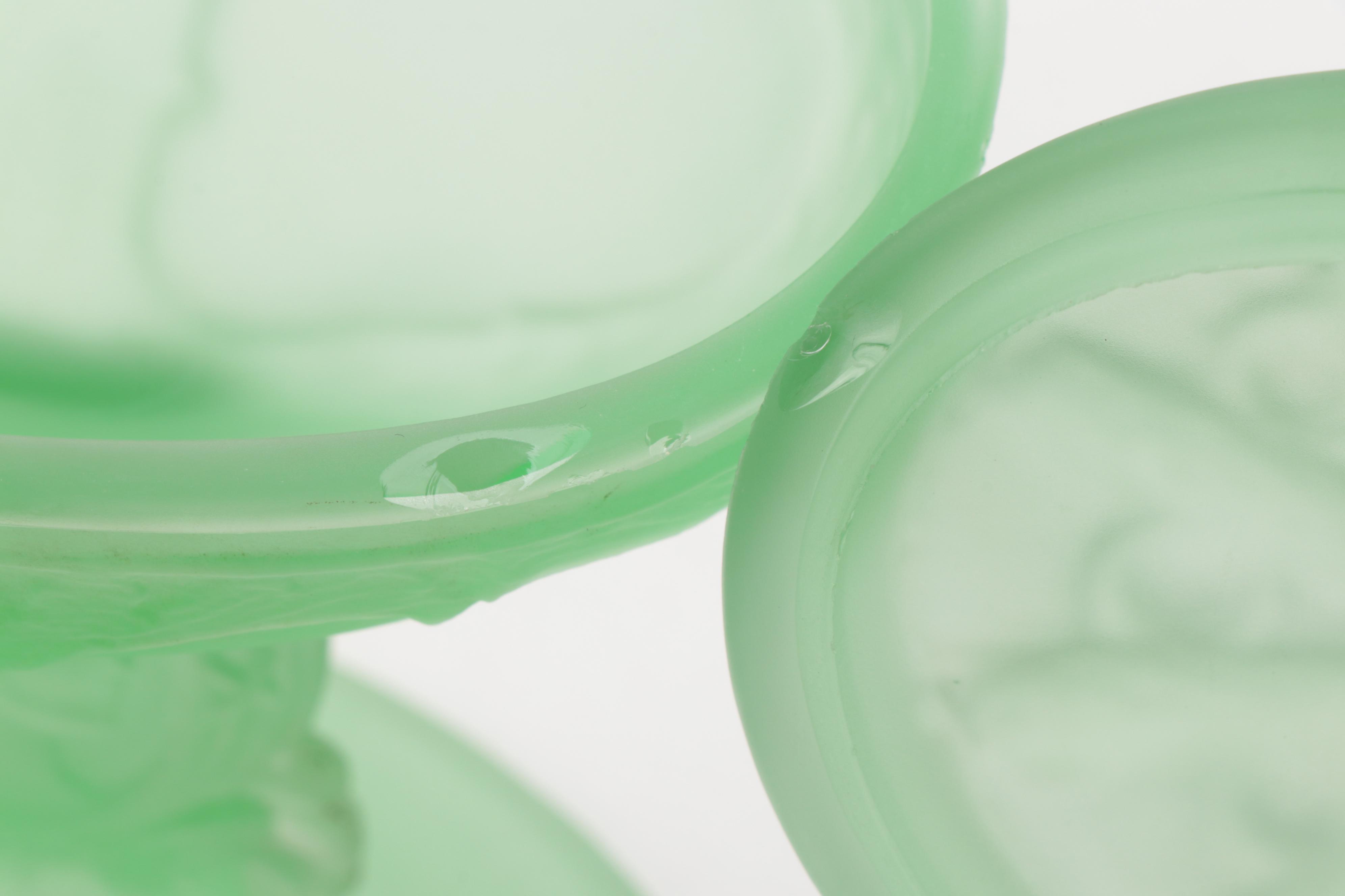 Satin Vaseline Glass Covered Compote with Victorian Green Glass Vases