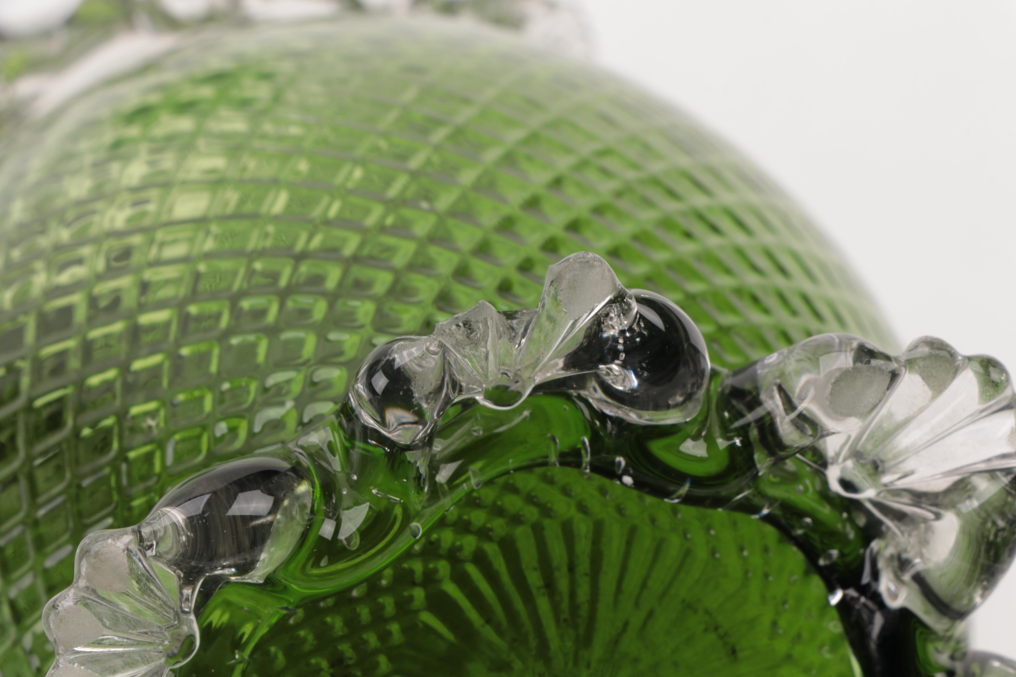 Satin Vaseline Glass Covered Compote with Victorian Green Glass Vases