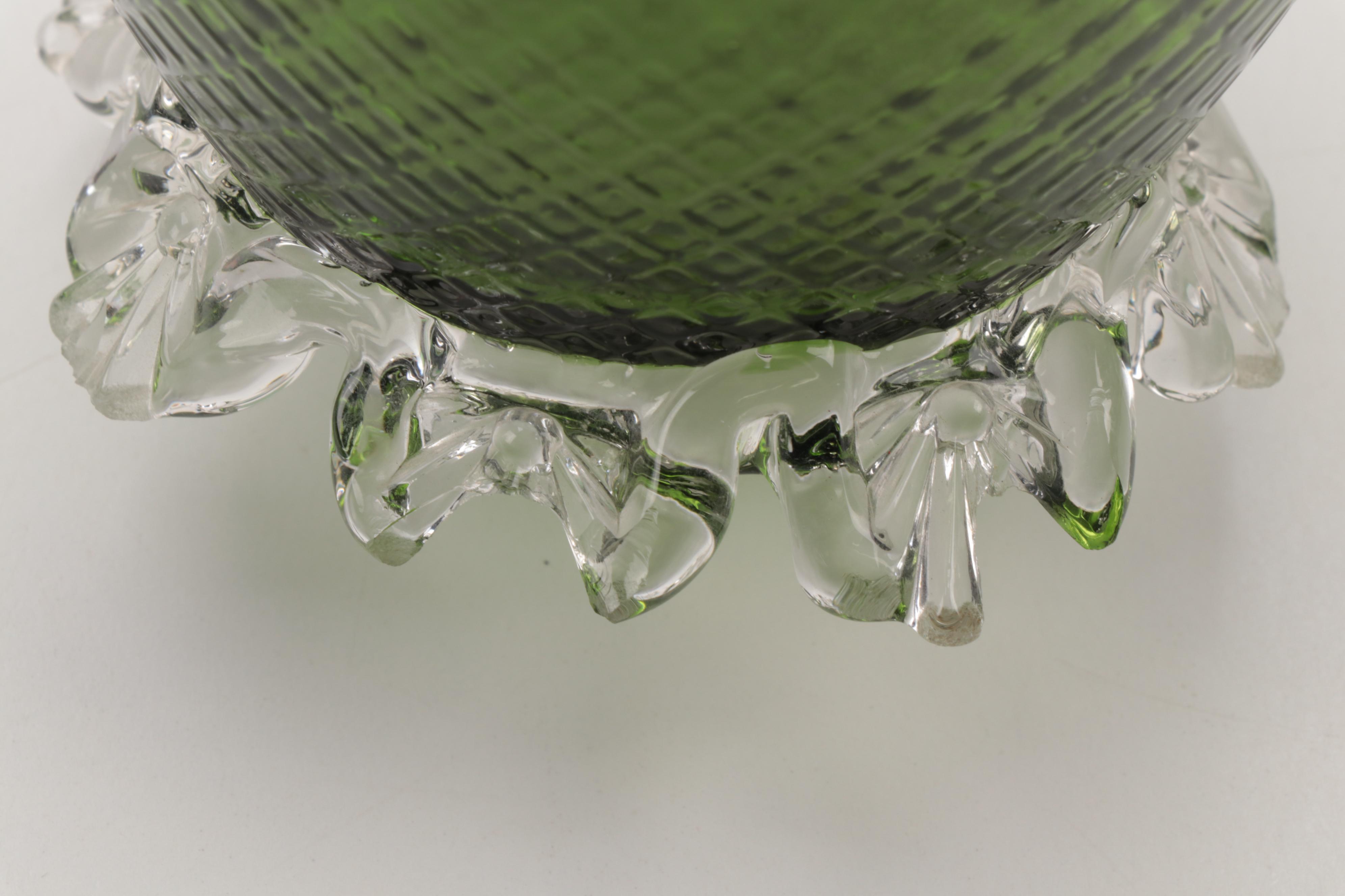 Satin Vaseline Glass Covered Compote with Victorian Green Glass Vases