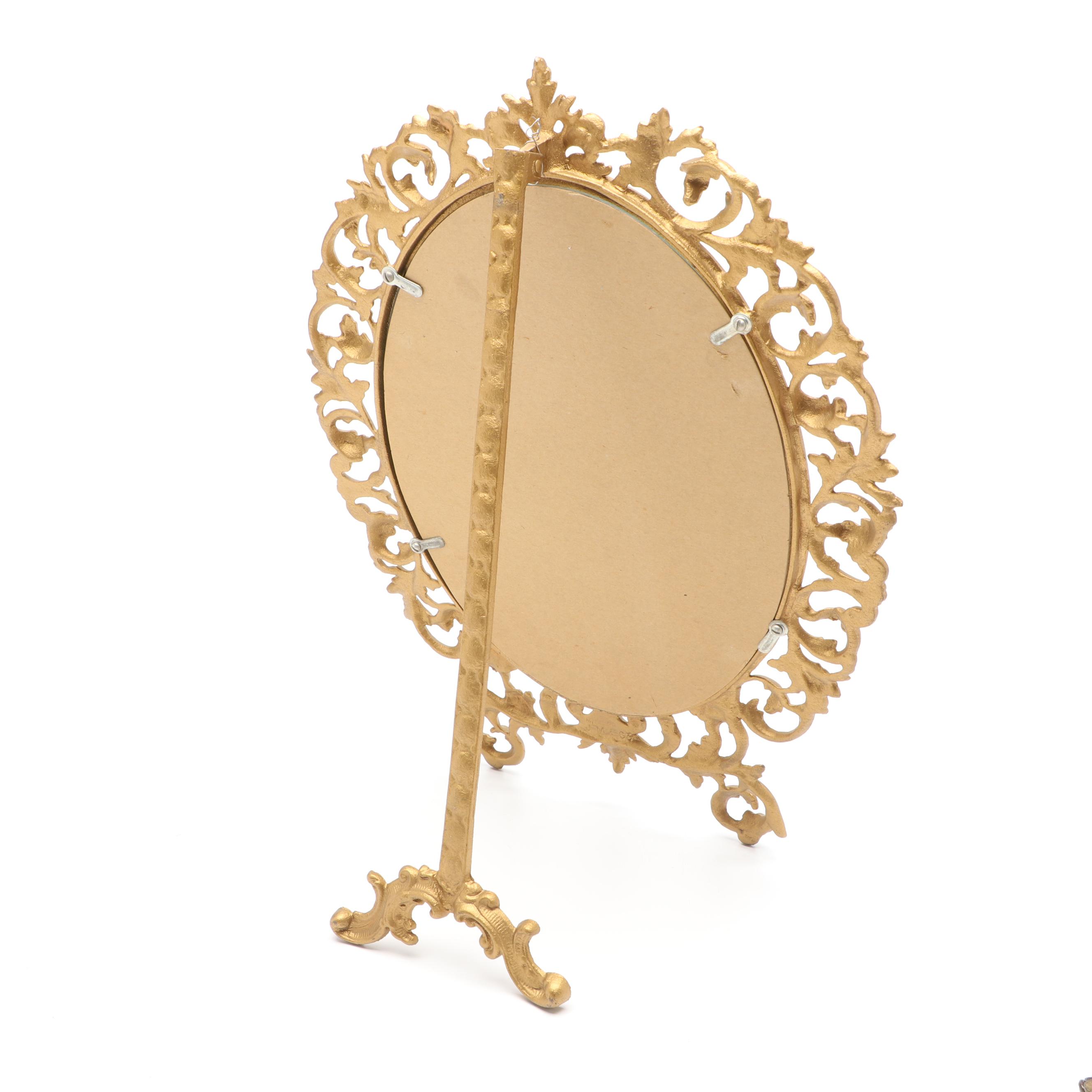 Victorian Gilt Metal Vanity Mirror with Easel Back and Picture Frames