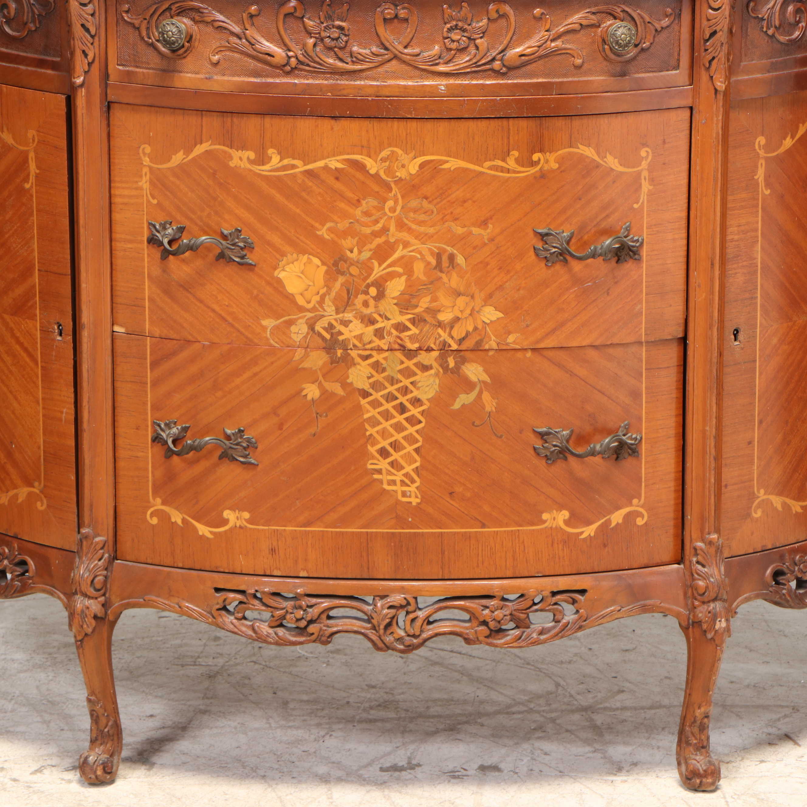 George III Style Carved and Inlaid Satinwood Demi-Lune Cabinet, Circa 1940