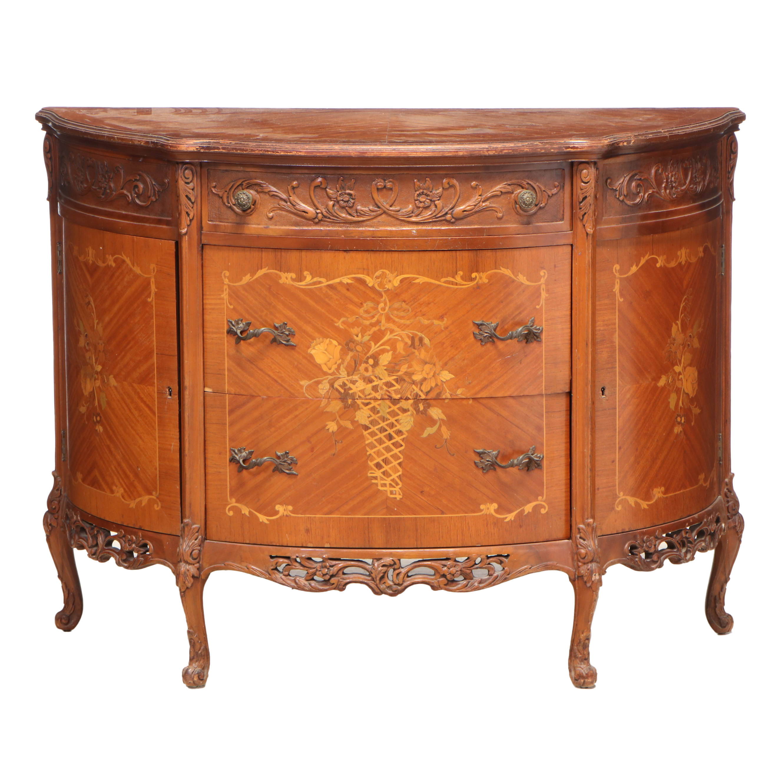 George III Style Carved and Inlaid Satinwood Demi-Lune Cabinet, Circa 1940