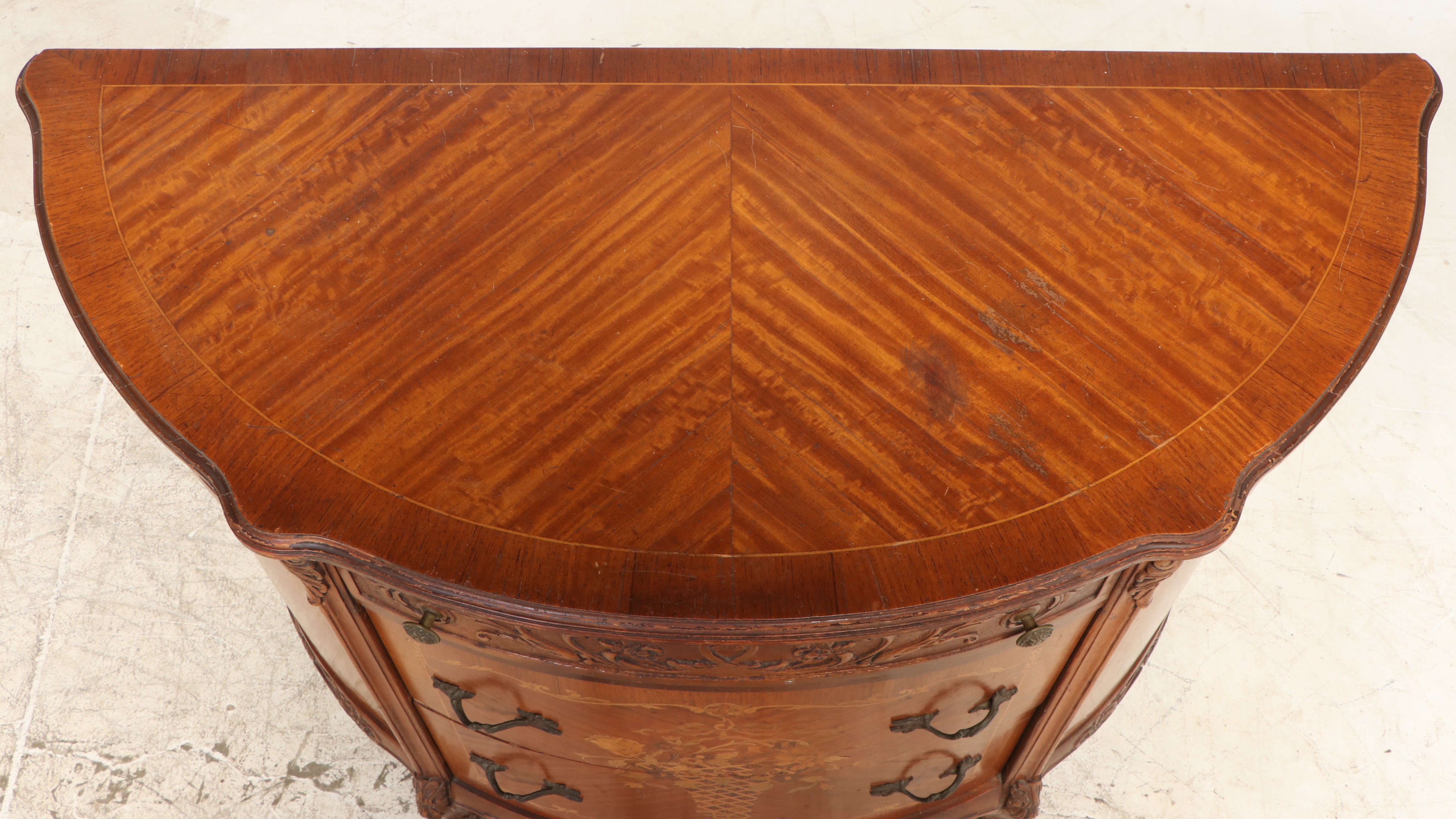 George III Style Carved and Inlaid Satinwood Demi-Lune Cabinet, Circa 1940