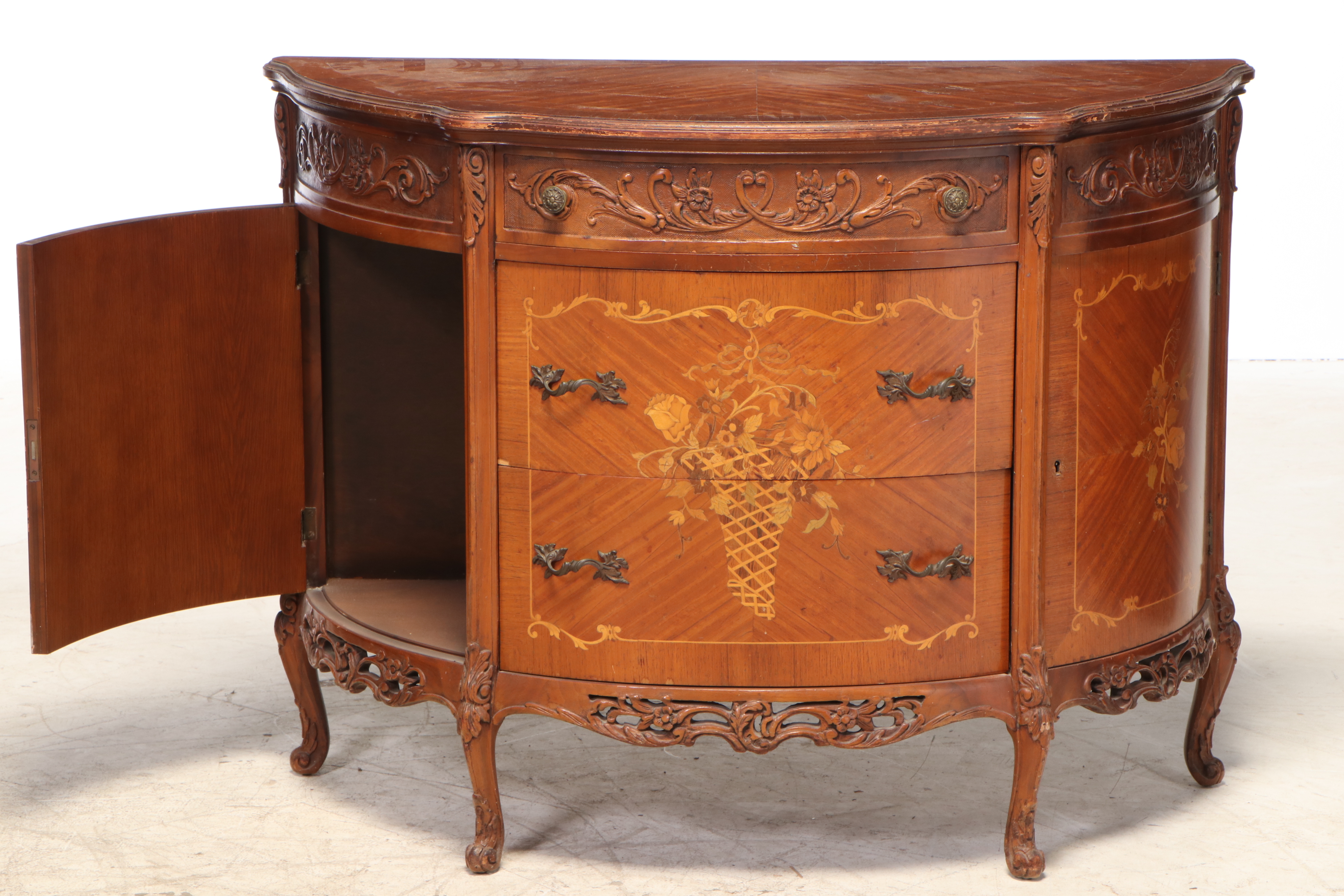 George III Style Carved and Inlaid Satinwood Demi-Lune Cabinet, Circa 1940