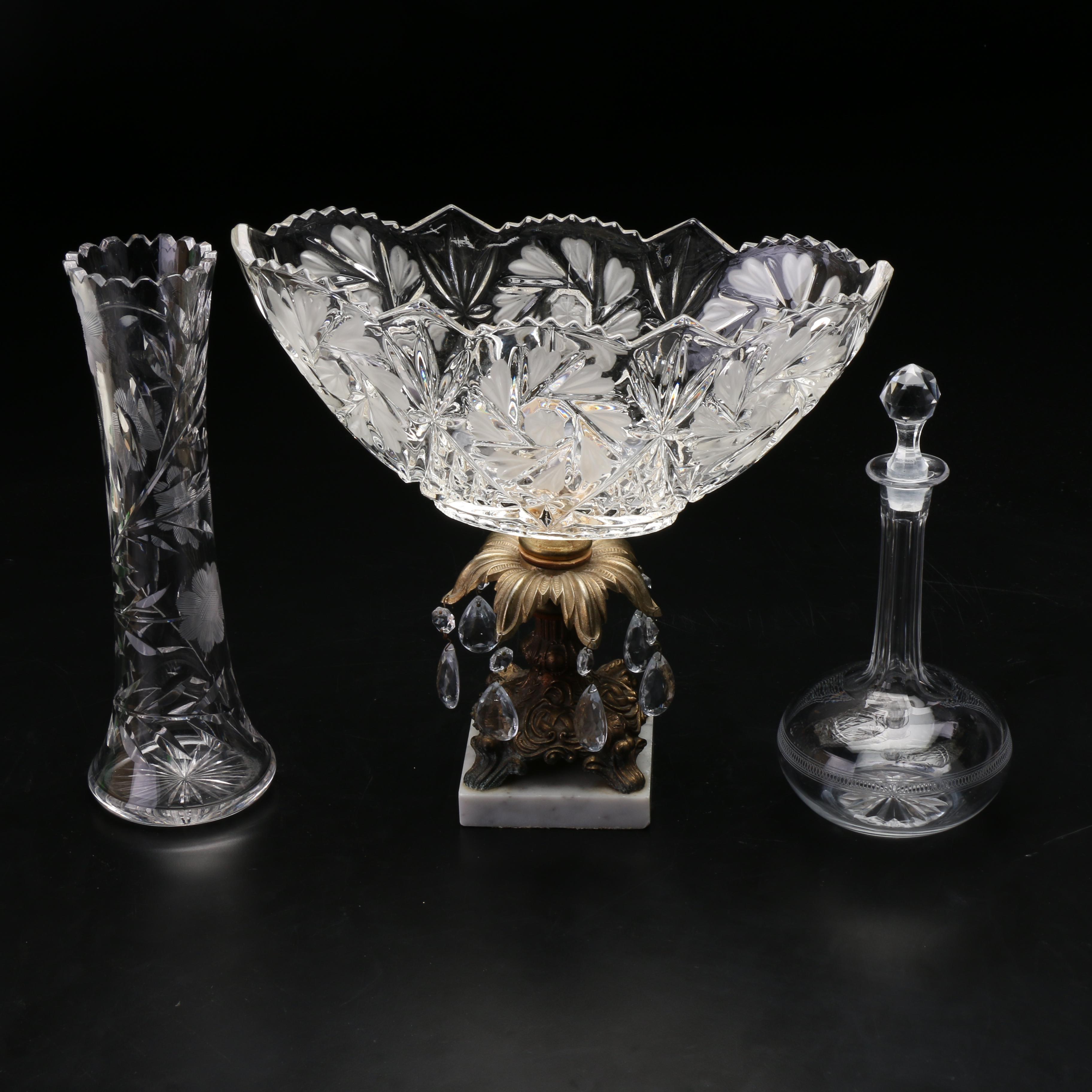 Cut Glass Console Bowl, Decanter, and Vase, 20th Century