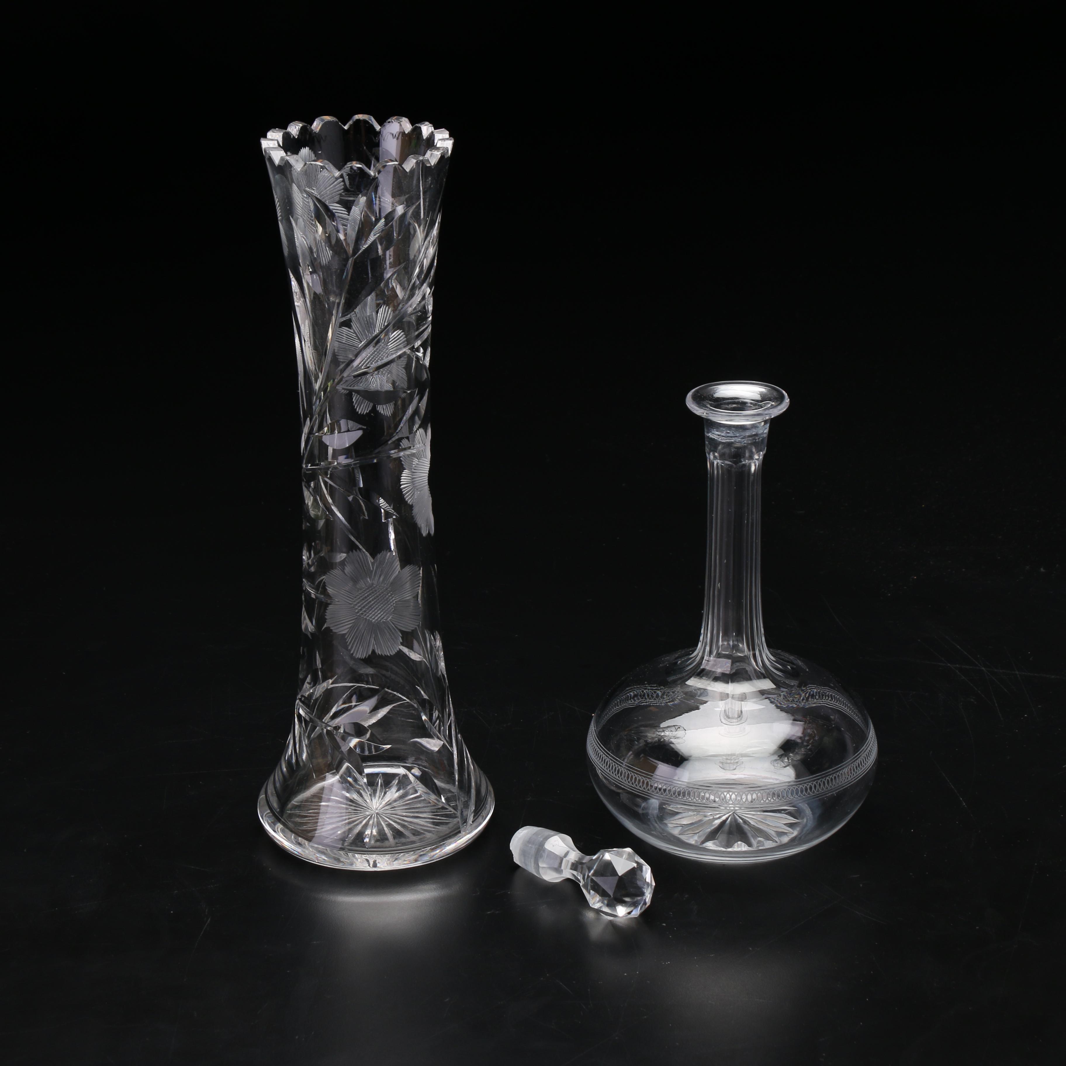 Cut Glass Console Bowl, Decanter, and Vase, 20th Century
