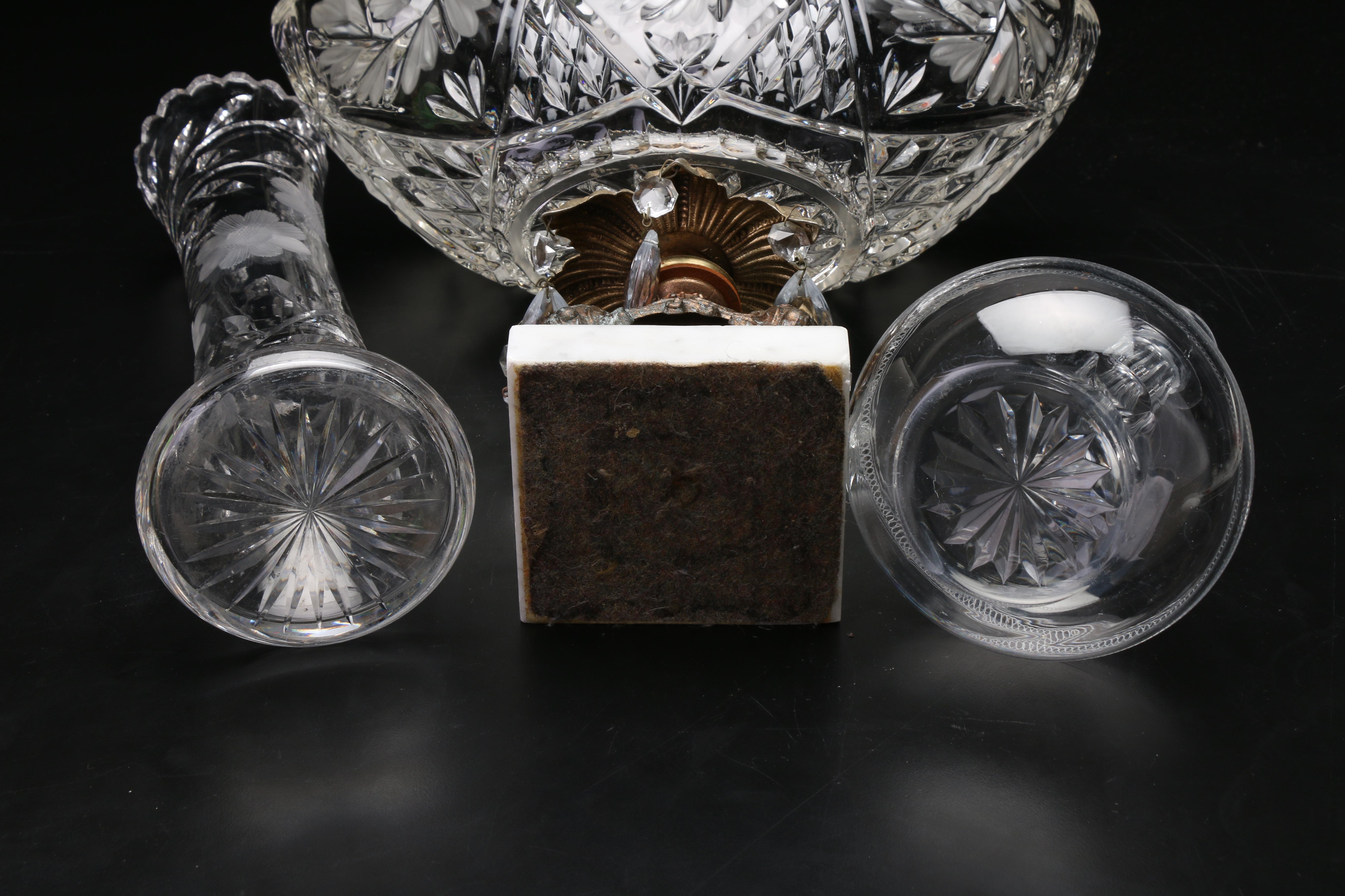 Cut Glass Console Bowl, Decanter, and Vase, 20th Century