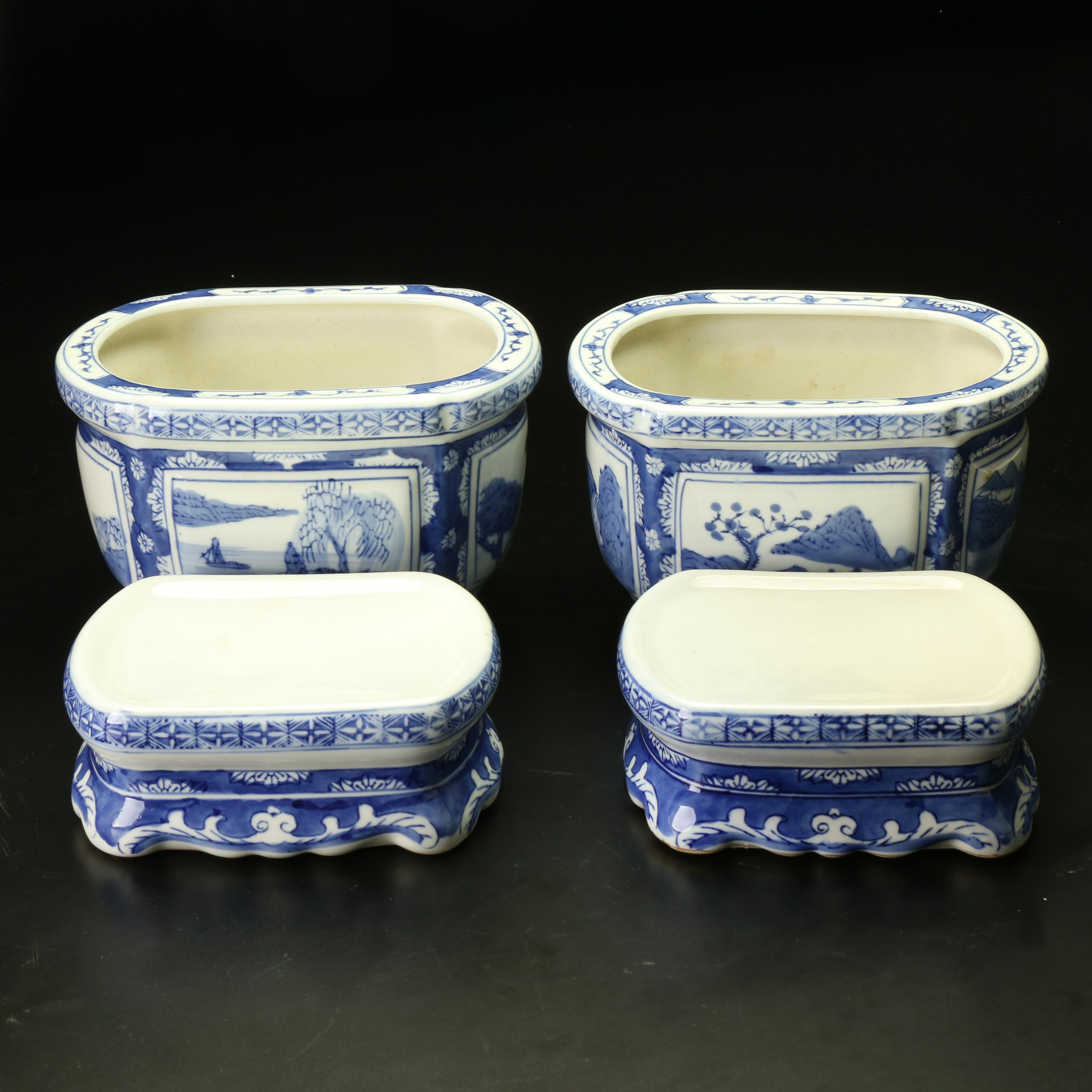 Pair of Chinese Hand-Painted Blue and White Porcelain Cachepots