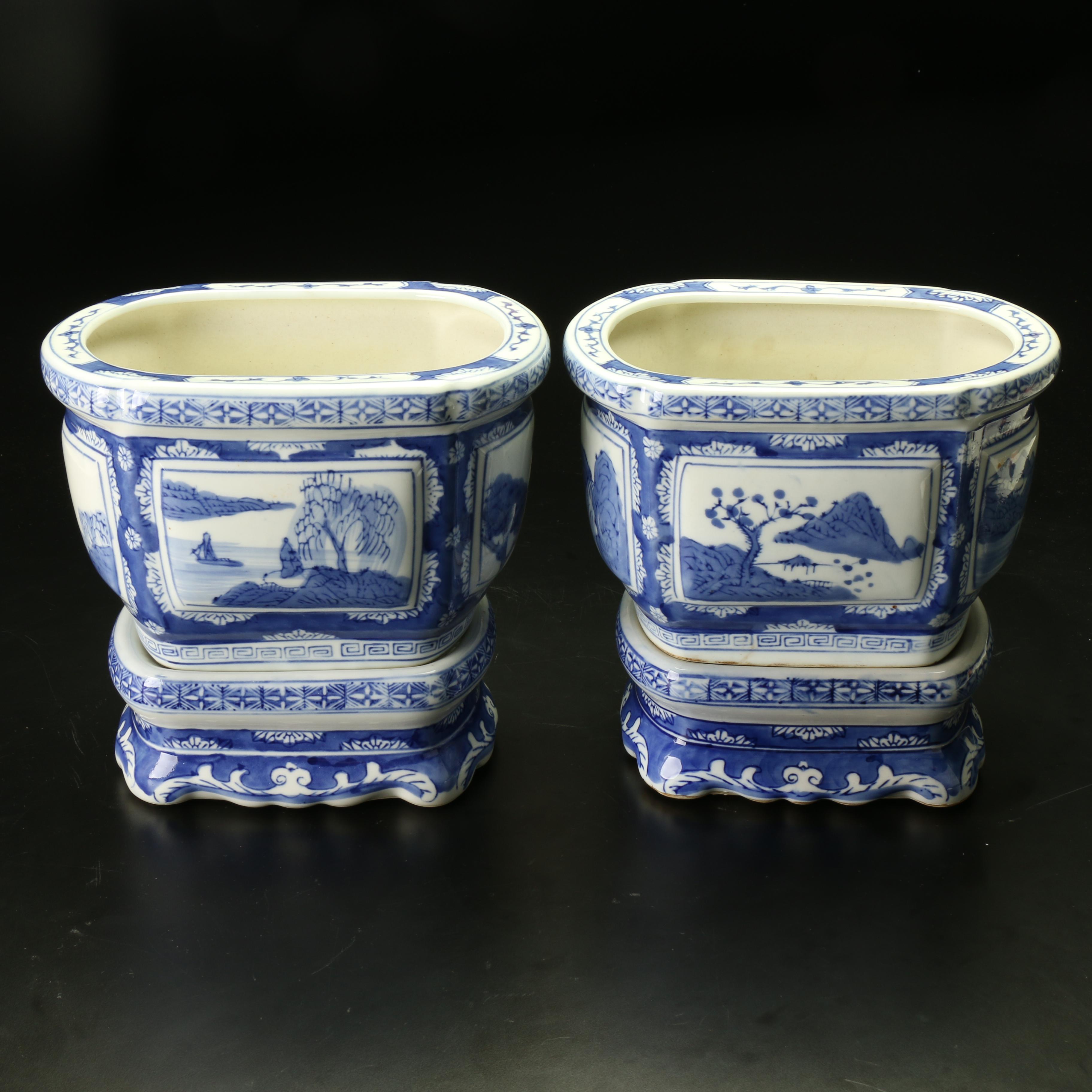 Pair of Chinese Hand-Painted Blue and White Porcelain Cachepots