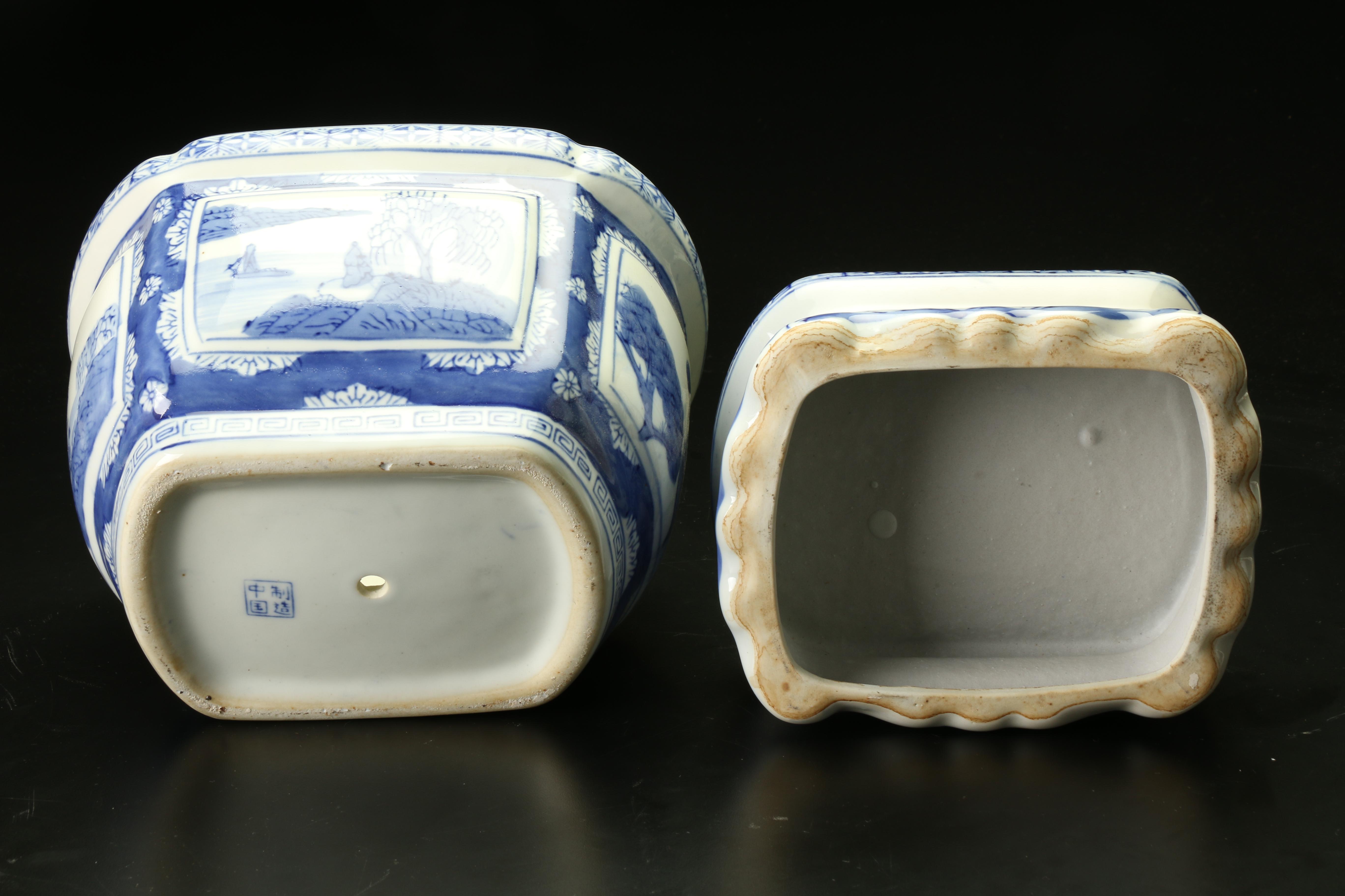 Pair of Chinese Hand-Painted Blue and White Porcelain Cachepots