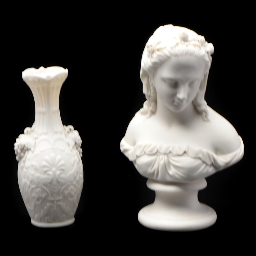 - Porcelain Bisque Vase and Parian Ware Female Bust