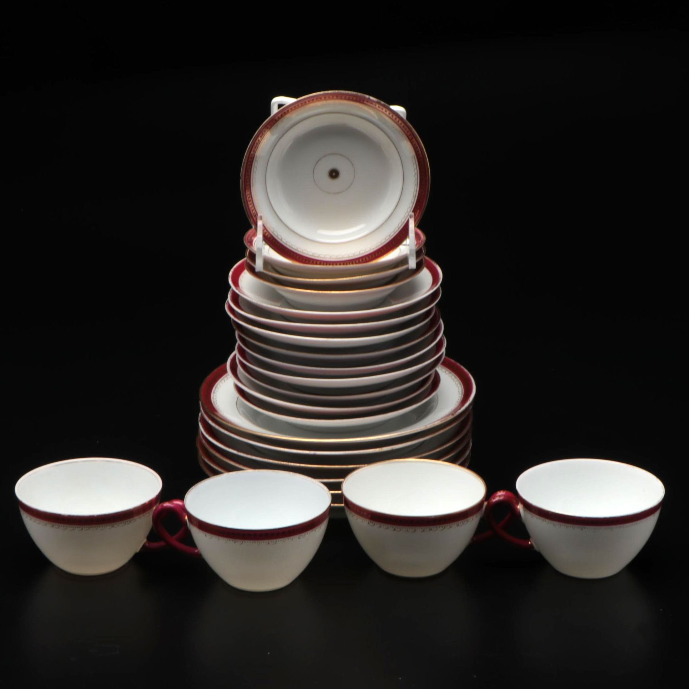 European Gilt Accented Porcelain Teacups and Dessert Plates