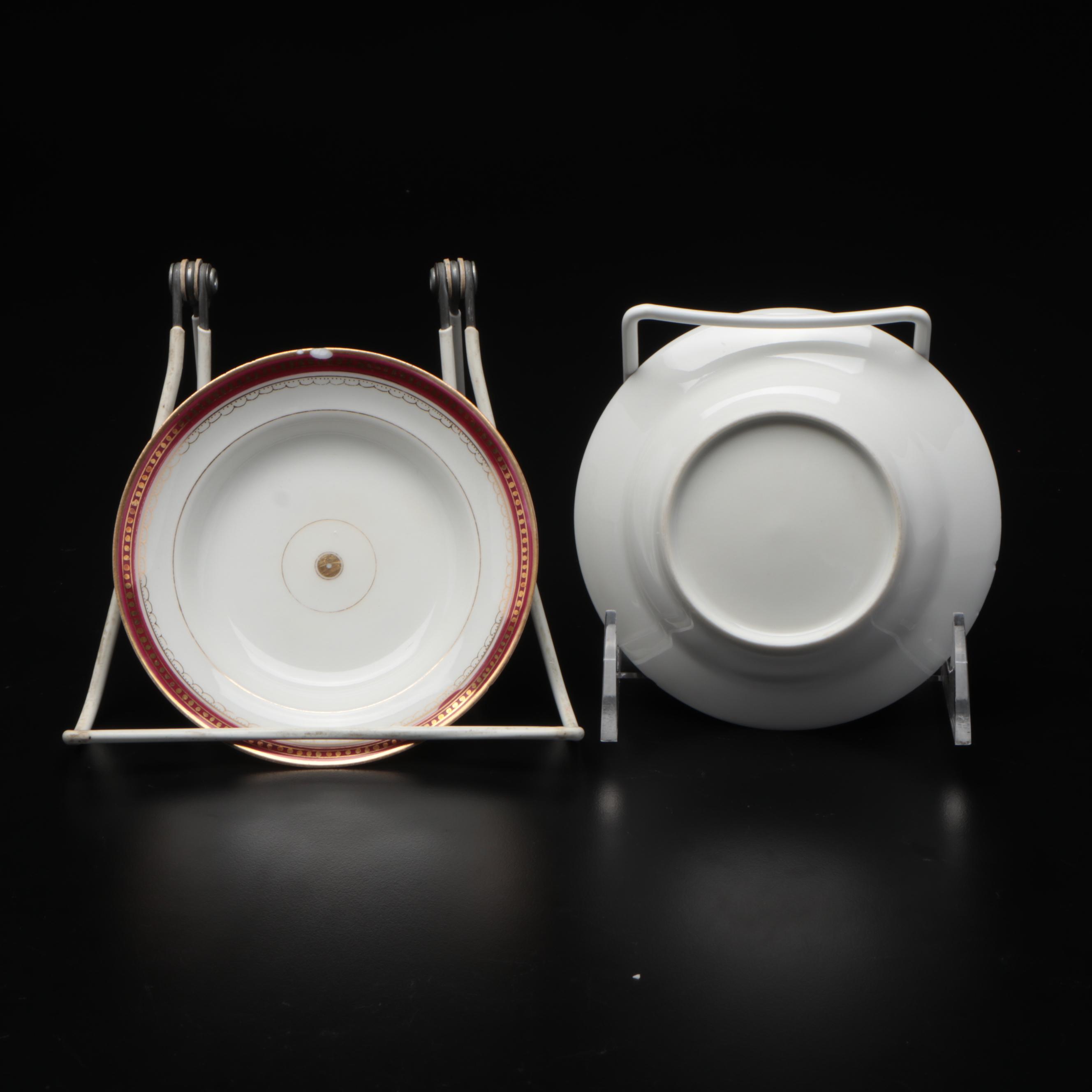 European Gilt Accented Porcelain Teacups and Dessert Plates