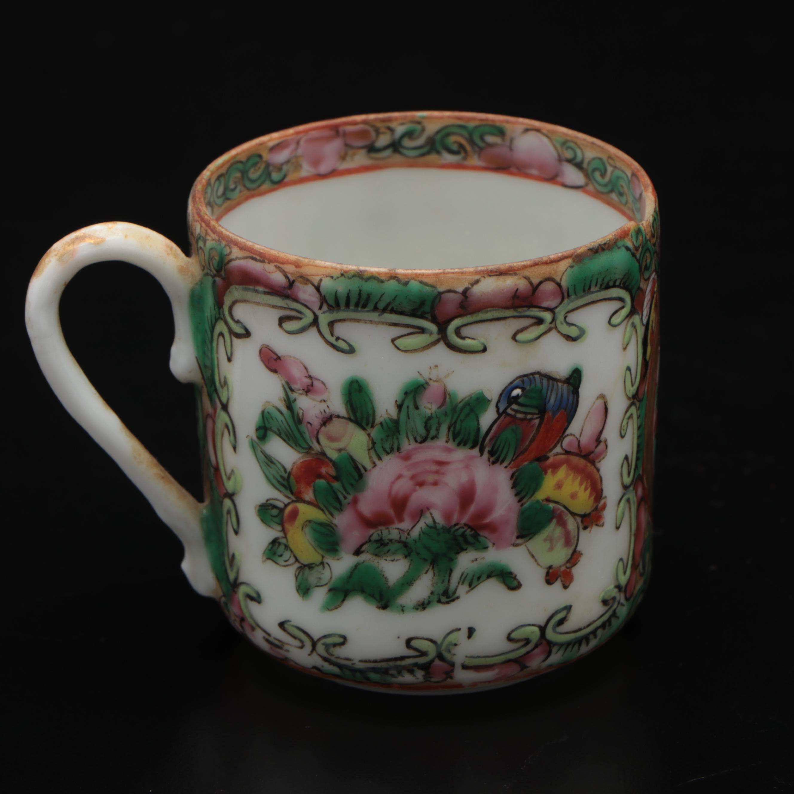 Chinese Rose Medallion Porcelain Tea Caddy, Bowls and Teacups