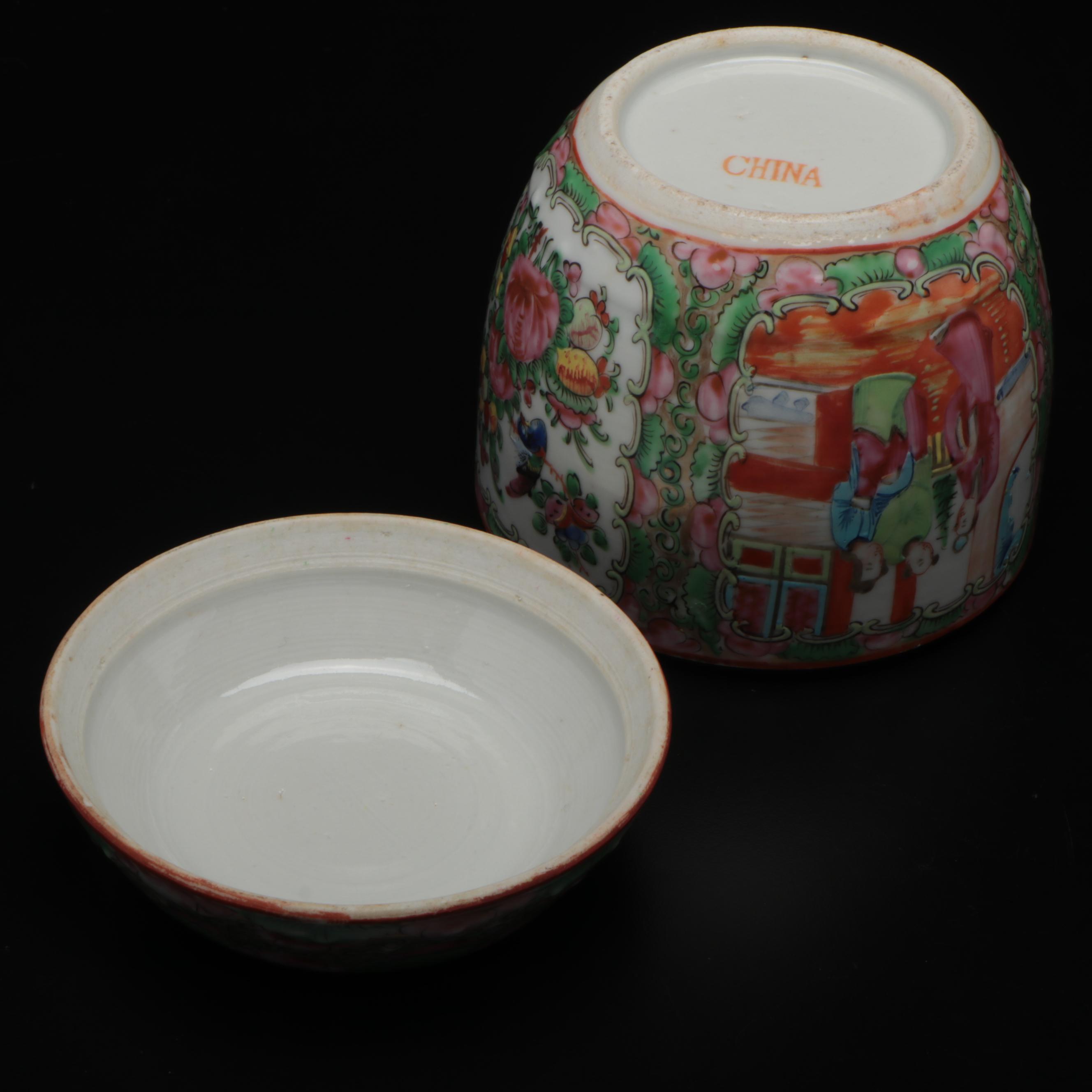 Chinese Rose Medallion Porcelain Tea Caddy, Bowls and Teacups