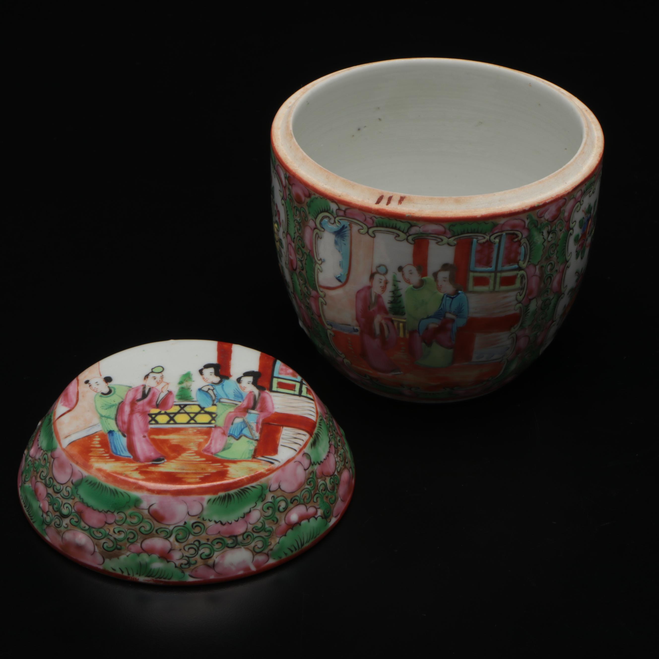 Chinese Rose Medallion Porcelain Tea Caddy, Bowls and Teacups