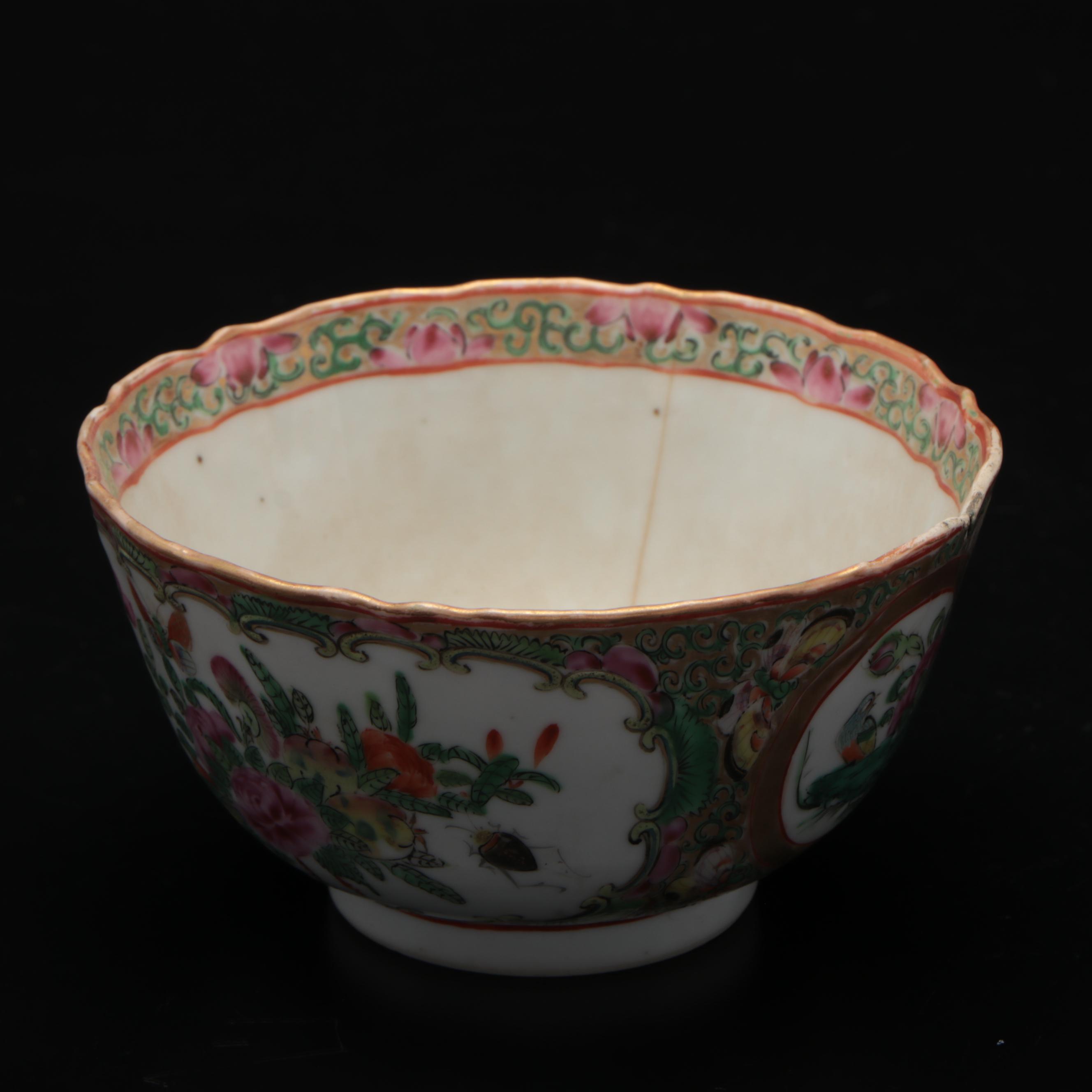 Chinese Rose Medallion Porcelain Tea Caddy, Bowls and Teacups