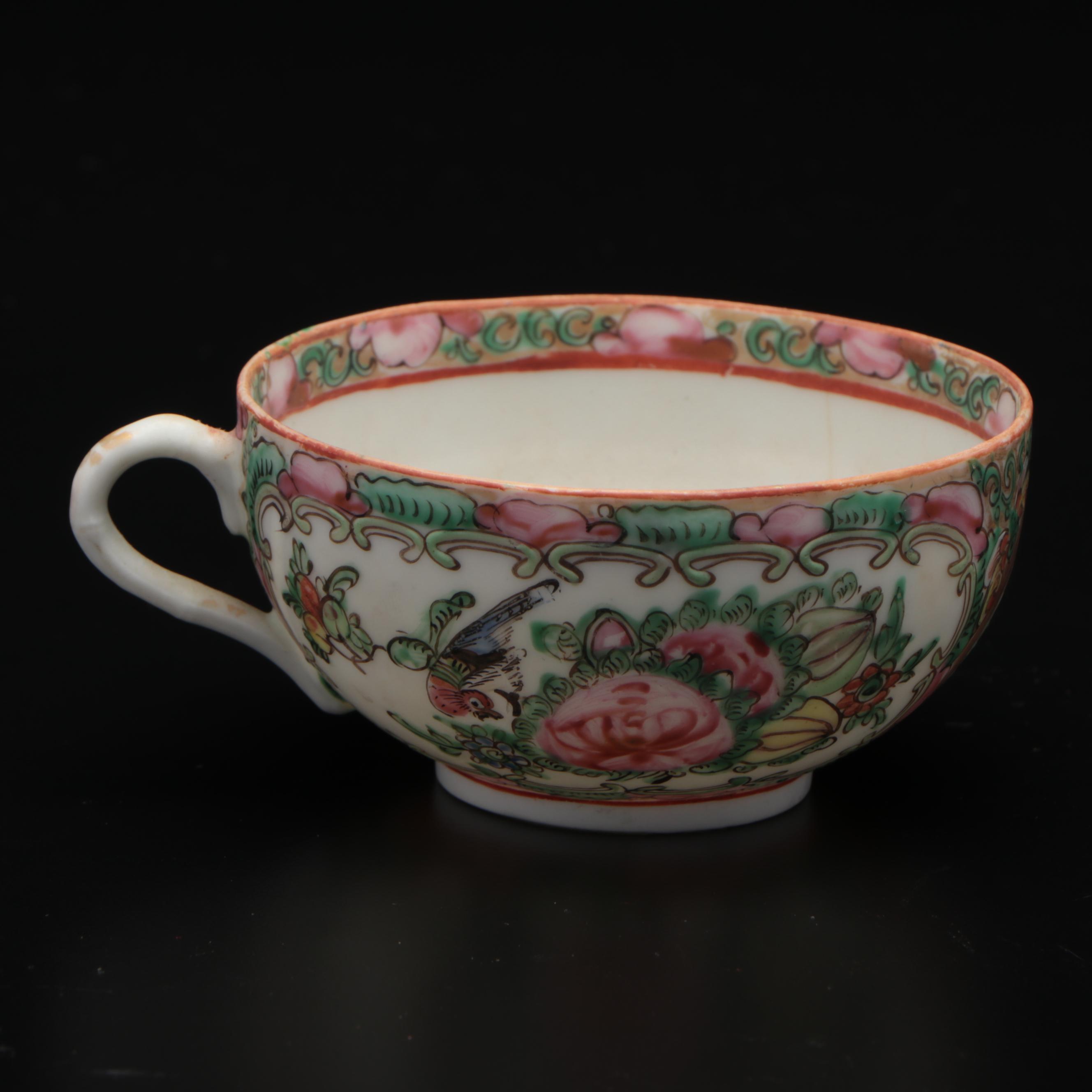 Chinese Rose Medallion Porcelain Tea Caddy, Bowls and Teacups